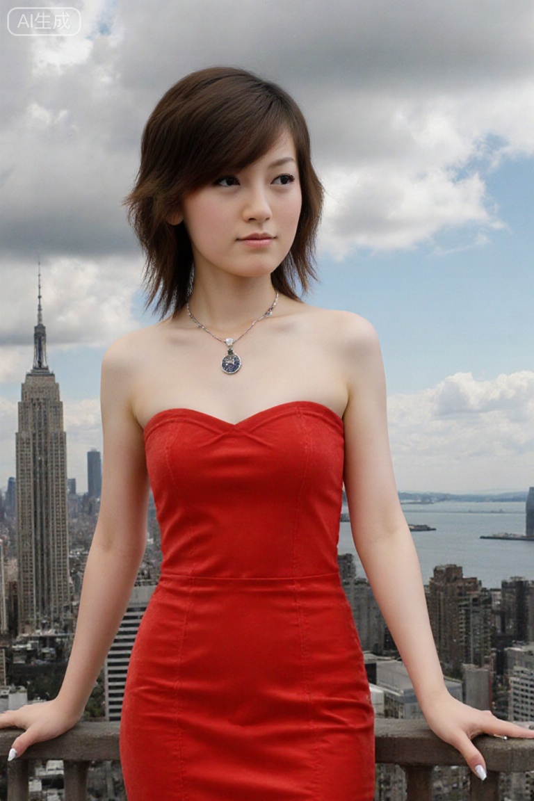 A 3D rendering of a girl with black hair standing in a cityscape during a cloudy day. She is dressed in a stylish dress with jewelry, including a necklace and nail polish. The background features a skyscraper and an ocean with a blue sky filled with clouds.
