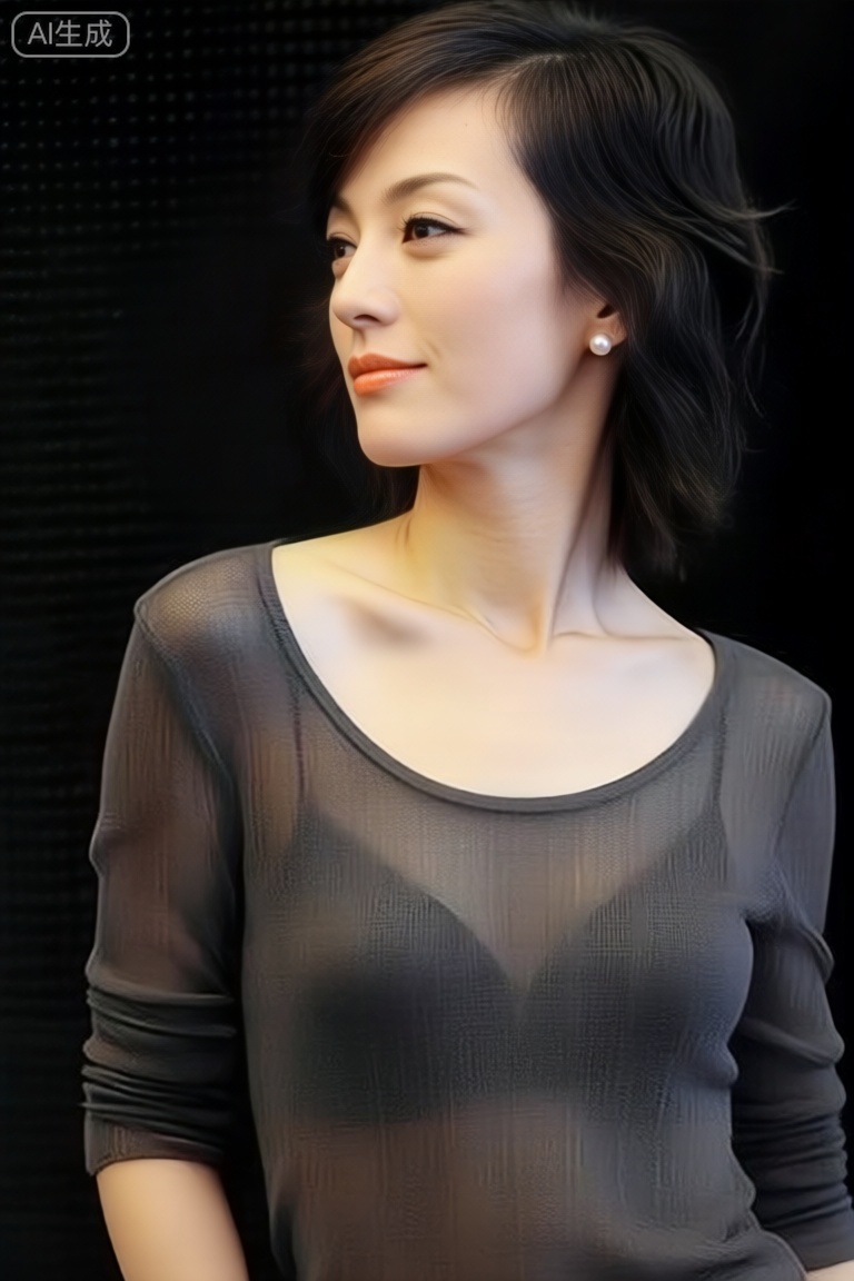 12K Sony FX9 拍摄,上半身构图（胸以上至头顶,人物占画面78%）,亚洲女星（暖黄肤色,颈部与锁骨处皮肤细腻,带自然光泽）。裸妆细节：仅用透明散粉控油,唇釉为接近唇色的淡橘色,眼妆无眼影仅内眼线,面部保留自然肤色不均。性感装束为深灰色透视针织衫（圆领微松,面料轻薄透肤,隐约可见胸部曲线,袖口收紧）。发型为齐肩短发（黑发微卷,发尾自然外翘,颅顶无刻意蓬松）,佩戴小颗珍珠耳钉（直径4mm,无其他饰品）。背景为纯黑色哑光背景（无反光,无杂质）,右侧45° 硬光（光线勾勒肩颈与胸部轮廓,针织衫纹理清晰,锁骨凹陷处形成阴影,面部一侧受光显立体）。生图质感突出皮肤毛孔与针织面料的对比,极简风格中透出冷感性感。

