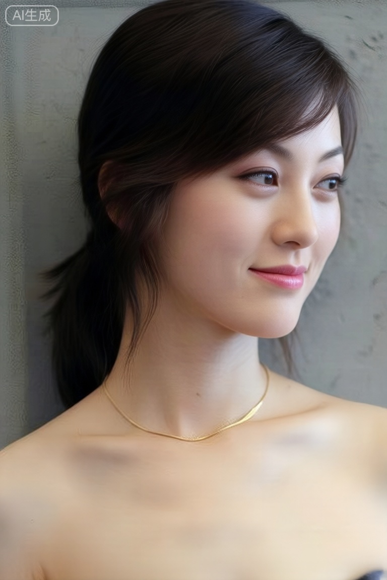 12K Phase One XF IQ4 拍摄,上半身构图（胸以上至头顶,人物占画面80%）,中国女性模特（暖黄肤色,面部轮廓柔和,胸部上缘曲线自然）。发型为低马尾（黑发微垂肩,发尾自然内扣）,妆容为自然淡妆（淡粉色唇釉,轻扫大地色眼影,原生眉形）,表情为柔和浅笑（唇角轻扬,眼神温和无夸张）。仅佩戴细款18K 金锁骨链（链长40cm,无吊坠,贴合颈部不遮挡胸部曲线）。背景为纯色冷灰色水泥墙（无装饰,哑光质感）,左侧45° 冷调硬光（光线均匀覆盖面部与胸部,胸部上缘形成浅阴影,凸显自然胸型,颧骨处带细微高光）,画面锐度拉满,皮肤纹理（毛孔、细微绒毛）清晰可见,胸部曲线自然不刻意夸张。