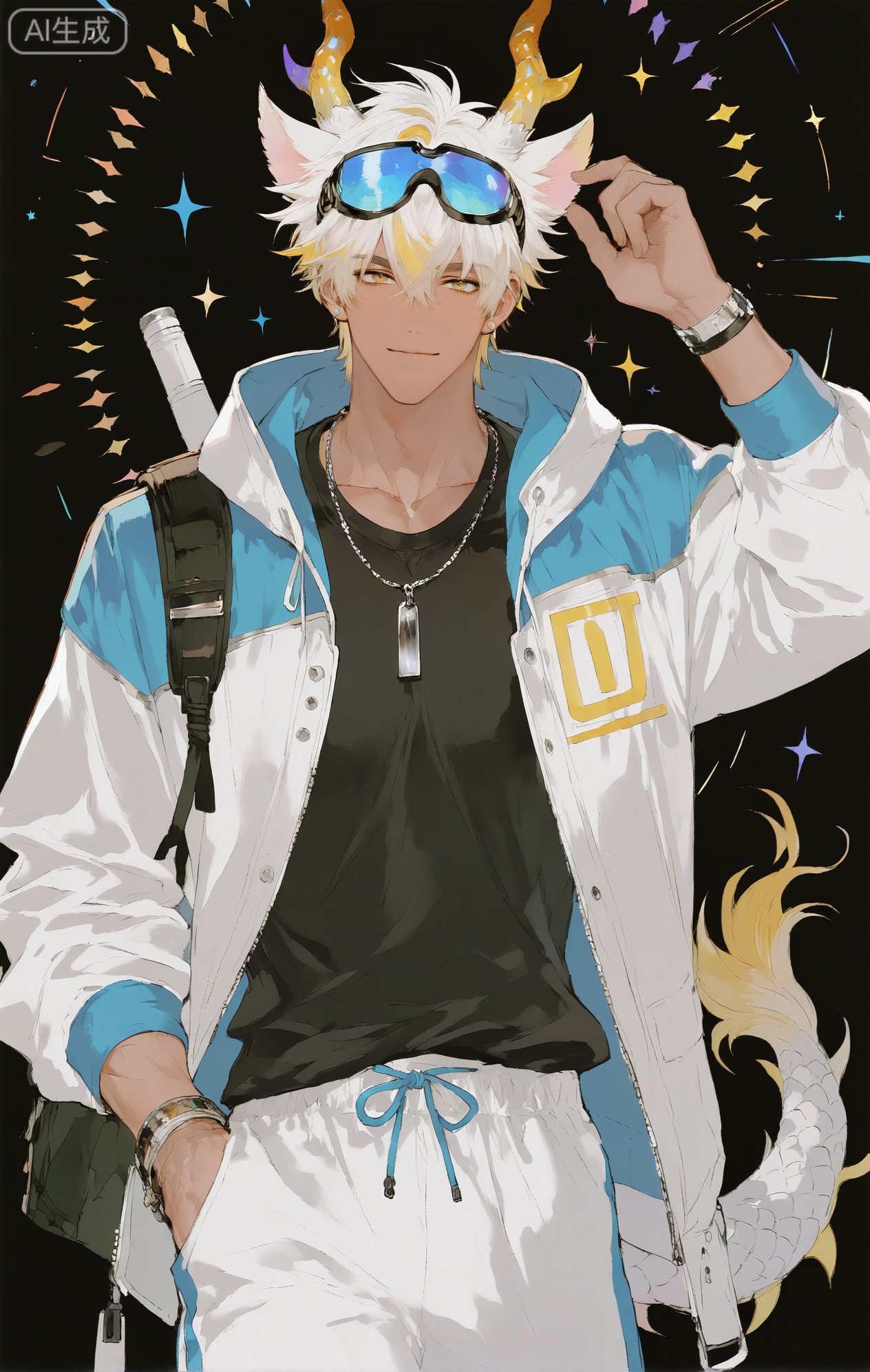 ,xiao zhi tiao,(artist:mazjojo:0.77), (artist:pigeon666:0.70), (artist:zawar379:0.83), (artist:remsrar:0.65), (artist:chimmyming:0.72),masterpiece,best quality,male focus,hd,4kamazing quality,very aesthetic,bust,high resolution,ultra-detailed,perfect lighting,volumetric lighting,,xiaozhitiao,yu xuan,multicolored hair,White dragon tail,White dragon horns,sneakers,white shorts,headphones,tattoo,yellow eyes,white hair,1boy,blonde hair,bangs,white **** top,

masterpiece, best quality, highres, goldenfieldszho, very awa, newest, absurdres, perfect lighting, , nsfw, yaoi, , male, masculine, (athletic, muscular),((flat color)),((flat color)),,

 BREAK,,(1boy,male focus,solo,goggles,goggles on head,looking at viewer,jewelry,smile,jacket,short hair,multicolored clothes,earrings,upper body,zipper,white hair,long sleeves,hand up,closed mouth,hair between eyes,stud earrings,necklace,hood,multicolored jacket,black shirt,black background)

BREAK,,danmei,rainbow,xiaozhitiao,Dog ears,Xiaozhitiao,dianmei,Baiwen Card