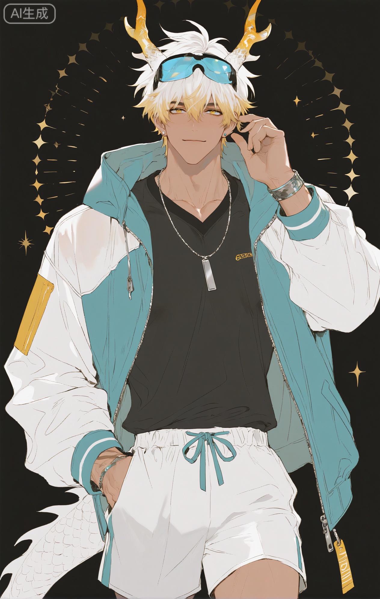 ,xiao zhi tiao,(artist:mazjojo:0.77), (artist:pigeon666:0.70), (artist:zawar379:0.83), (artist:remsrar:0.65), (artist:chimmyming:0.72),masterpiece,best quality,male focus,hd,4kamazing quality,very aesthetic,bust,high resolution,ultra-detailed,perfect lighting,volumetric lighting,,xiaozhitiao,yu xuan,multicolored hair,White dragon tail,White dragon horns,sneakers,white shorts,headphones,tattoo,yellow eyes,white hair,1boy,blonde hair,bangs,white **** top,

masterpiece, best quality, highres, goldenfieldszho, very awa, newest, absurdres, perfect lighting, , nsfw, yaoi, , male, masculine, (athletic, muscular),((flat color)),((flat color)),,

 BREAK,,(1boy,male focus,solo,goggles,goggles on head,looking at viewer,jewelry,smile,jacket,short hair,multicolored clothes,earrings,upper body,zipper,white hair,long sleeves,hand up,closed mouth,hair between eyes,stud earrings,necklace,hood,multicolored jacket,black shirt,black background)

BREAK,,danmei,rainbow,xiaozhitiao,Dog ears,Xiaozhitiao,dianmei,Baiwen Card