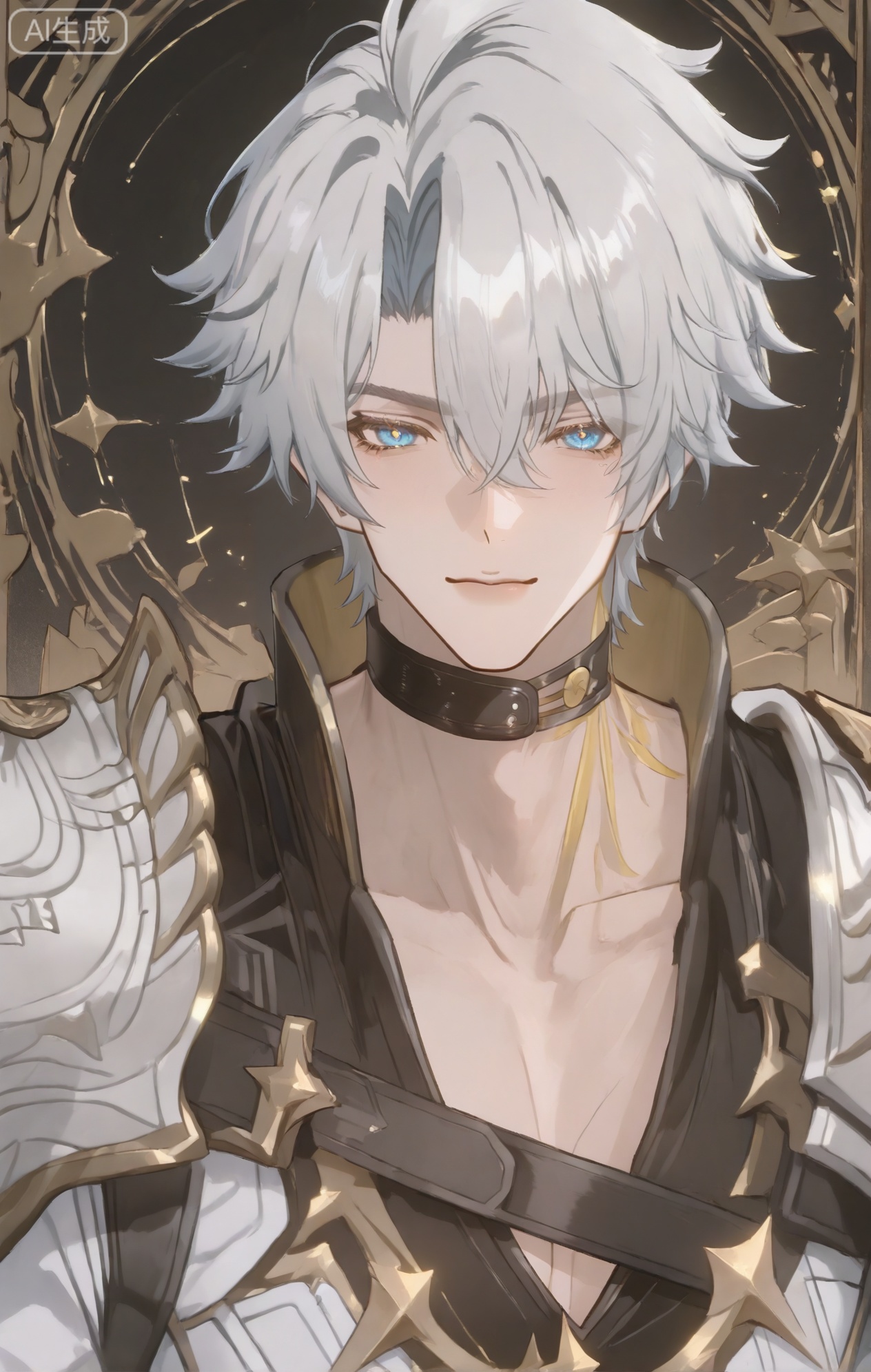 xiaozhitiao,Phainon,white hair,yellow tattoo,choker,black choker,shoulder armor,white jacket,gold trim,blue eyes,1boy