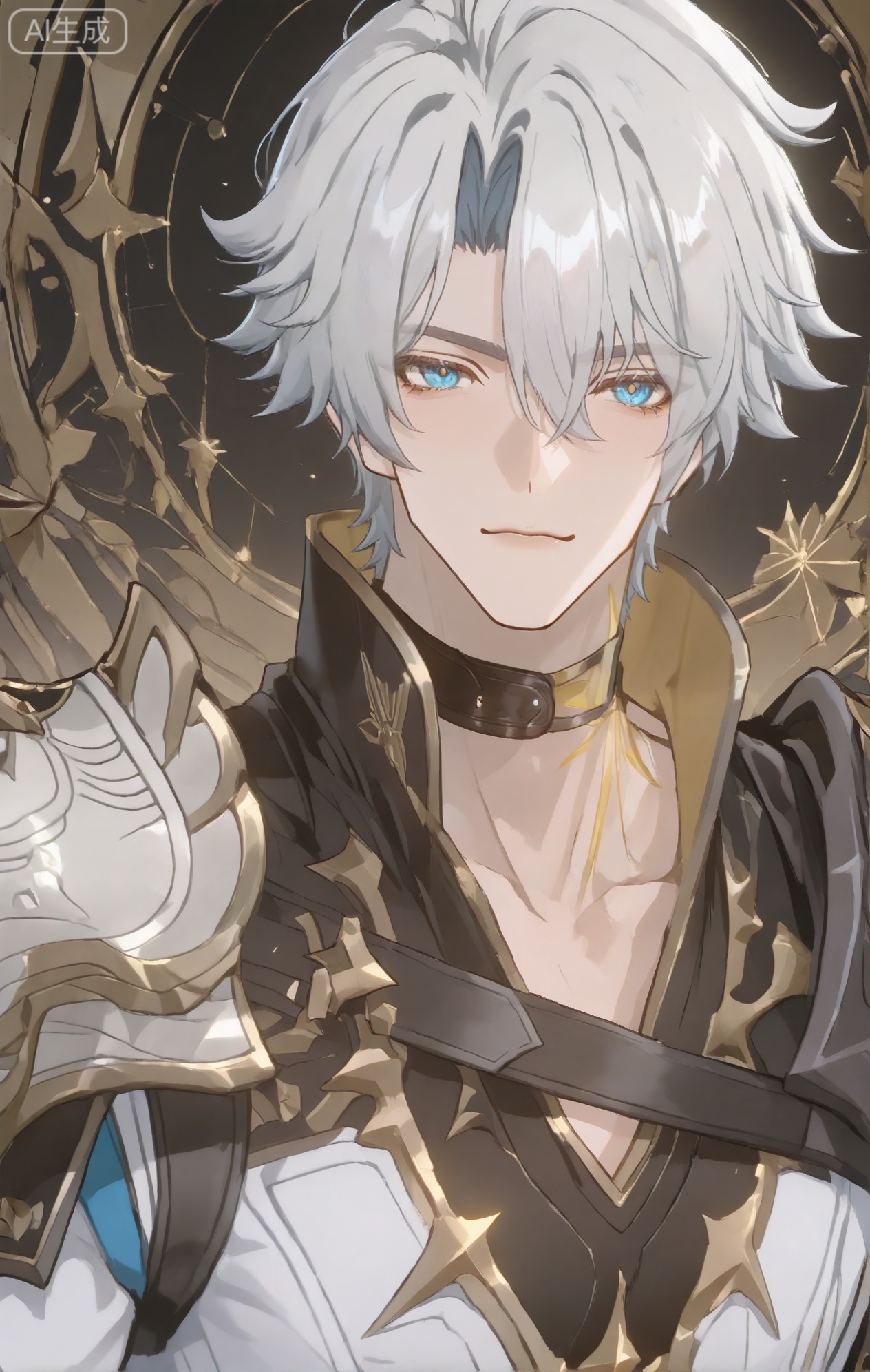 xiaozhitiao,Phainon,white hair,yellow tattoo,choker,black choker,shoulder armor,white jacket,gold trim,blue eyes,1boy