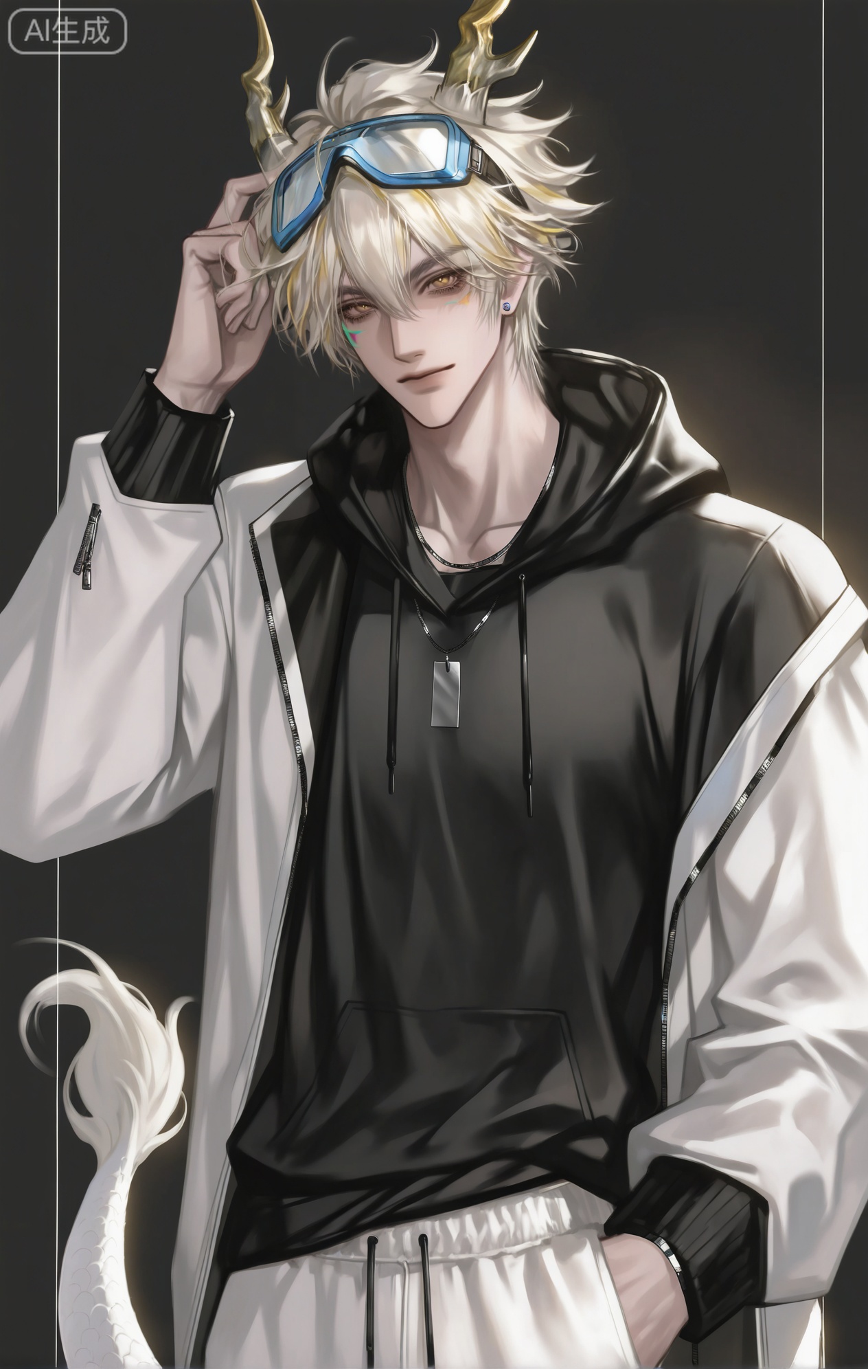 ,xiao zhi tiao,(artist:mazjojo:0.77), (artist:pigeon666:0.70), (artist:zawar379:0.83), (artist:remsrar:0.65), (artist:chimmyming:0.72),masterpiece,best quality,male focus,hd,4kamazing quality,very aesthetic,bust,high resolution,ultra-detailed,perfect lighting,volumetric lighting,,xiaozhitiao,yu xuan,multicolored hair,White dragon tail,White dragon horns,sneakers,white shorts,headphones,tattoo,yellow eyes,white hair,1boy,blonde hair,bangs,white **** top,

masterpiece, best quality, highres, goldenfieldszho, very awa, newest, absurdres, perfect lighting, , nsfw, yaoi, , male, masculine, (athletic, muscular),((flat color)),((flat color)),,

 BREAK,,(1boy,male focus,solo,goggles,goggles on head,looking at viewer,jewelry,smile,jacket,short hair,multicolored clothes,earrings,upper body,zipper,white hair,long sleeves,hand up,closed mouth,hair between eyes,stud earrings,necklace,hood,multicolored jacket,black shirt,black background)

BREAK,,danmei,rainbow,xiaozhitiao,Dog ears,Xiaozhitiao,dianmei,Baiwen Card,Black and white,monochrome
