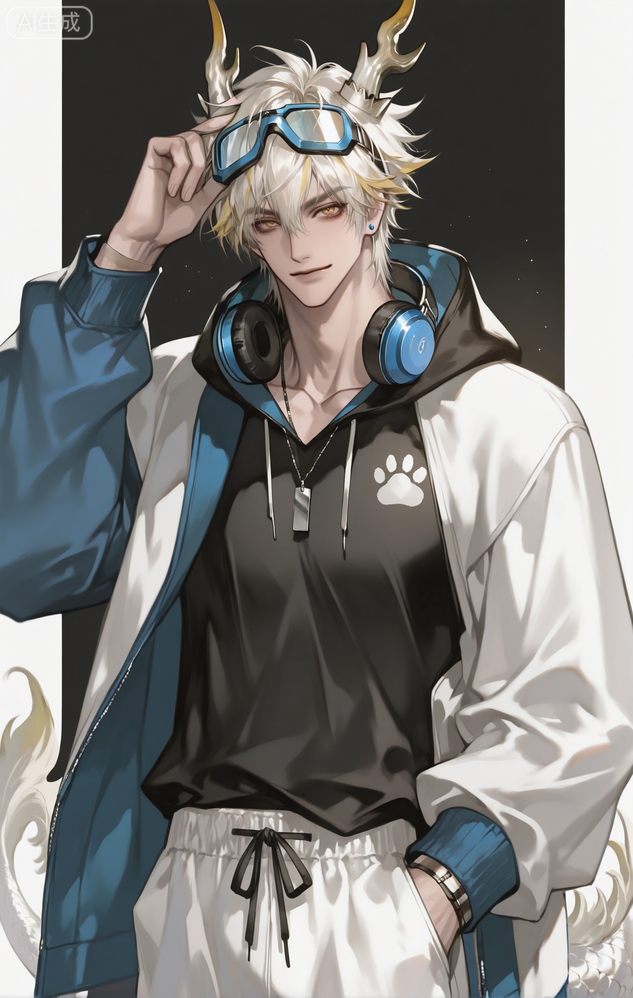 ,xiao zhi tiao,(artist:mazjojo:0.77), (artist:pigeon666:0.70), (artist:zawar379:0.83), (artist:remsrar:0.65), (artist:chimmyming:0.72),masterpiece,best quality,male focus,hd,4kamazing quality,very aesthetic,bust,high resolution,ultra-detailed,perfect lighting,volumetric lighting,,xiaozhitiao,yu xuan,multicolored hair,White dragon tail,White dragon horns,sneakers,white shorts,headphones,tattoo,yellow eyes,white hair,1boy,blonde hair,bangs,white **** top,

masterpiece, best quality, highres, goldenfieldszho, very awa, newest, absurdres, perfect lighting, , nsfw, yaoi, , male, masculine, (athletic, muscular),((flat color)),((flat color)),,

 BREAK,,(1boy,male focus,solo,goggles,goggles on head,looking at viewer,jewelry,smile,jacket,short hair,multicolored clothes,earrings,upper body,zipper,white hair,long sleeves,hand up,closed mouth,hair between eyes,stud earrings,necklace,hood,multicolored jacket,black shirt,black background)

BREAK,,danmei,rainbow,xiaozhitiao,Dog ears,Xiaozhitiao,dianmei,Baiwen Card,Black and white,monochrome