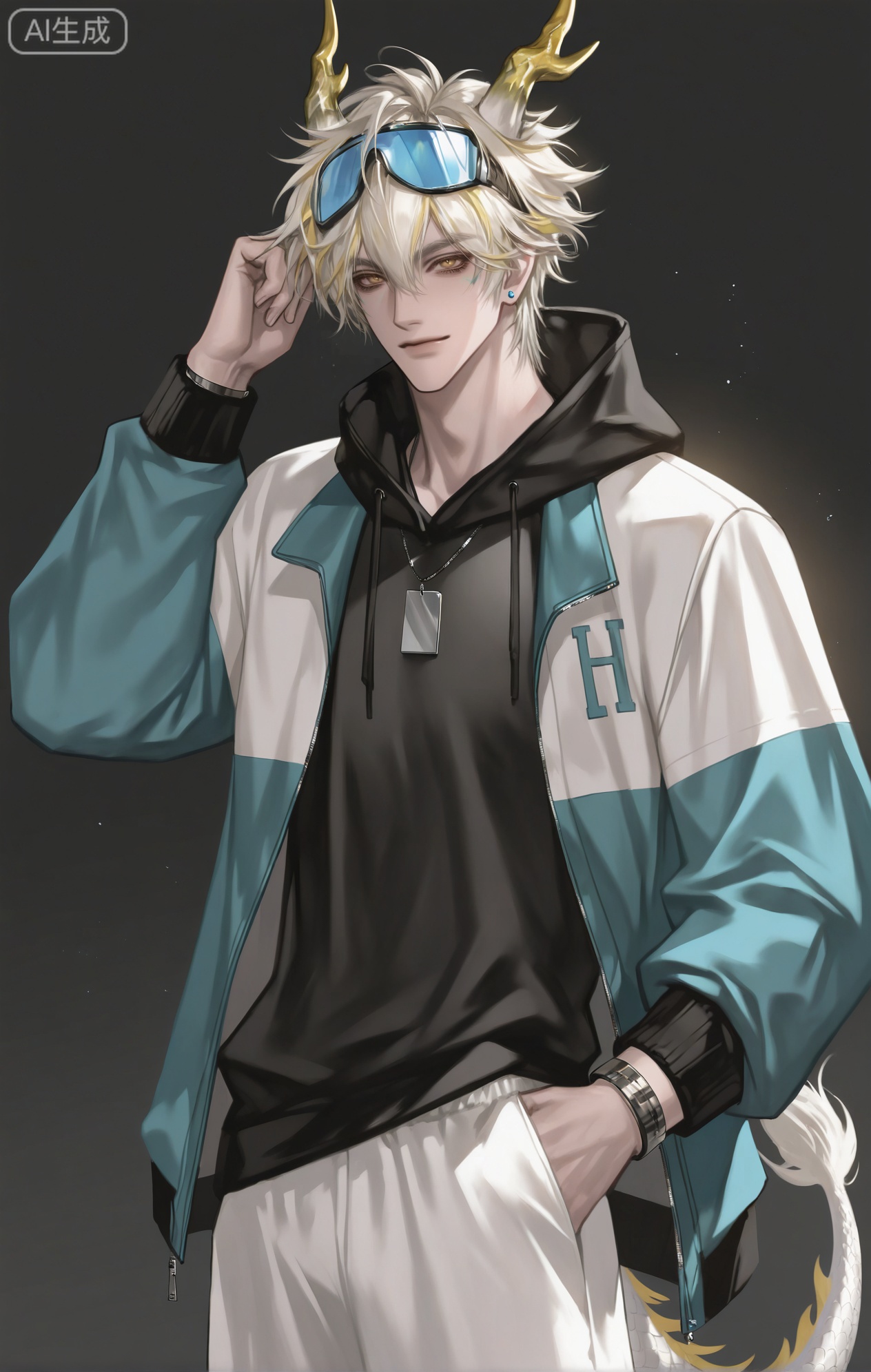 ,xiao zhi tiao,(artist:mazjojo:0.77), (artist:pigeon666:0.70), (artist:zawar379:0.83), (artist:remsrar:0.65), (artist:chimmyming:0.72),masterpiece,best quality,male focus,hd,4kamazing quality,very aesthetic,bust,high resolution,ultra-detailed,perfect lighting,volumetric lighting,,xiaozhitiao,yu xuan,multicolored hair,White dragon tail,White dragon horns,sneakers,white shorts,headphones,tattoo,yellow eyes,white hair,1boy,blonde hair,bangs,white **** top,

masterpiece, best quality, highres, goldenfieldszho, very awa, newest, absurdres, perfect lighting, , nsfw, yaoi, , male, masculine, (athletic, muscular),((flat color)),((flat color)),,

 BREAK,,(1boy,male focus,solo,goggles,goggles on head,looking at viewer,jewelry,smile,jacket,short hair,multicolored clothes,earrings,upper body,zipper,white hair,long sleeves,hand up,closed mouth,hair between eyes,stud earrings,necklace,hood,multicolored jacket,black shirt,black background)

BREAK,,danmei,rainbow,xiaozhitiao,Dog ears,Xiaozhitiao,dianmei,Baiwen Card,Black and white,monochrome