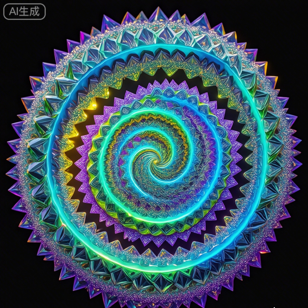 内发光,,水晶工艺,几何体,图像描绘了一个充满活力,复杂的螺旋设计,类似于曼荼罗或分形图案。螺旋由多个同心层组成,每层都充满了几何形状和复杂的细节。颜色主要是蓝色、绿色和紫色,有一些黄色的亮点。设计是对称的,从中心向外辐射,创造了一种深度和运动感。背景是黑色的,与明亮的彩色螺旋形成鲜明对比,使其突出突出。整体效果令人着迷,视觉上引人注目,唤起了一种和谐与复杂的感觉。