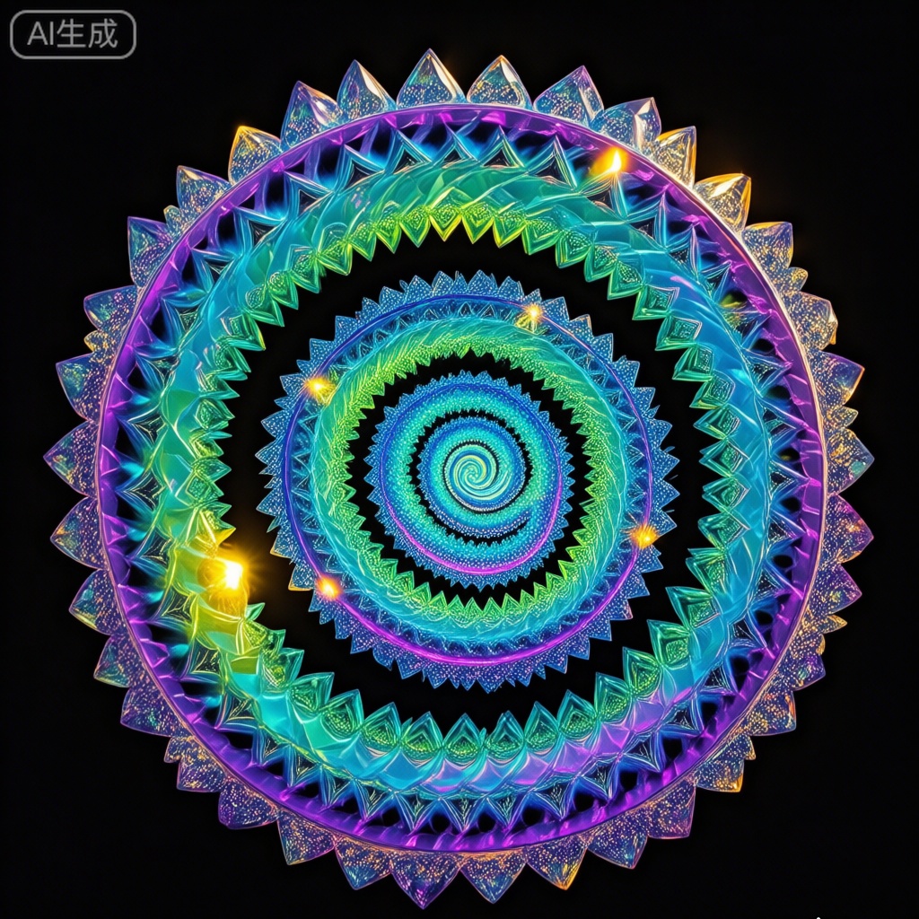 内发光,,水晶工艺,几何体,图像描绘了一个充满活力,复杂的螺旋设计,类似于曼荼罗或分形图案。螺旋由多个同心层组成,每层都充满了几何形状和复杂的细节。颜色主要是蓝色、绿色和紫色,有一些黄色的亮点。设计是对称的,从中心向外辐射,创造了一种深度和运动感。背景是黑色的,与明亮的彩色螺旋形成鲜明对比,使其突出突出。整体效果令人着迷,视觉上引人注目,唤起了一种和谐与复杂的感觉。