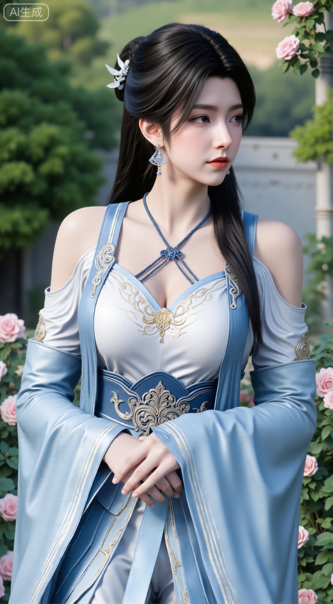 (masterpiece:1.2),best quality,,A woman adorned in traditional Chinese attire,(long dress,black long hair),featuring a flowing robe with intricate embroidery and floral accents. A garden filled with pink roses and lush greenery. Soft pastel hues of white,blue,and green,creating a serene atmosphere. Photorealistic photography.,(huge breasts:2.99),(full breasts:2.99),,XbaifengsongyuYH,Xbigbreasts,Xyehuiling,XtangwutongXnb