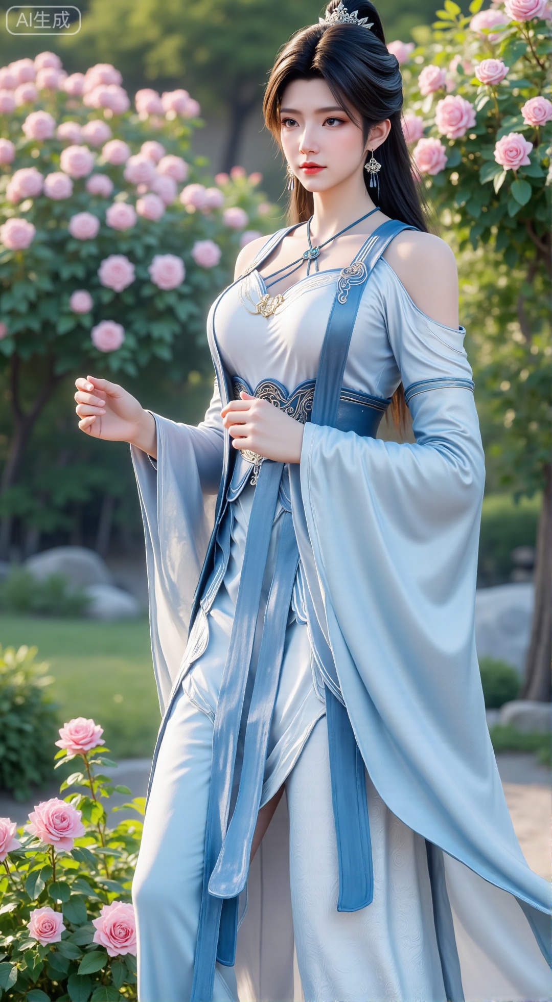 (masterpiece:1.2),best quality,,A woman adorned in traditional Chinese attire,(long dress,black long hair),featuring a flowing robe with intricate embroidery and floral accents. A garden filled with pink roses and lush greenery. Soft pastel hues of white,blue,and green,creating a serene atmosphere. Photorealistic photography.,(huge breasts:2.99),(full breasts:2.99),,XbaifengsongyuYH,Xbigbreasts,Xyehuiling,XtangwutongXnb