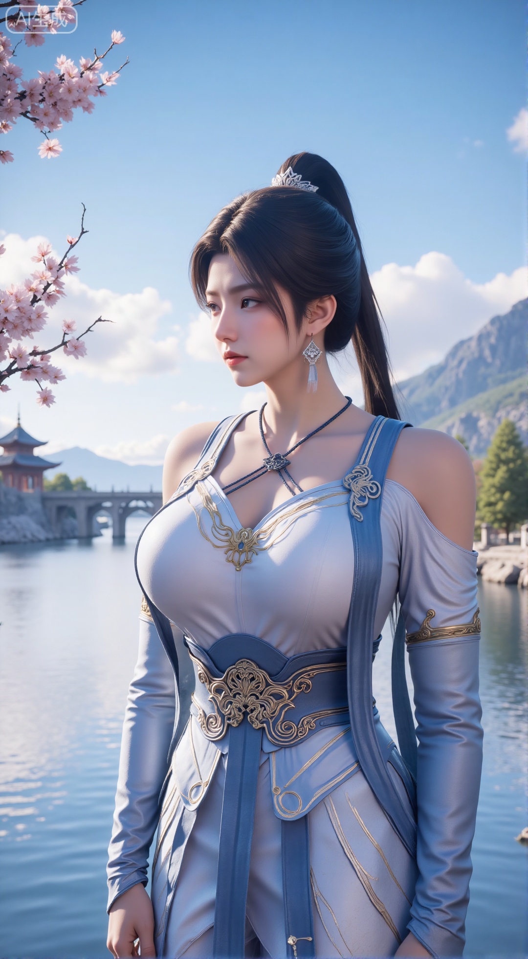 (masterpiece, best quality:1.2),1 girl, solo, long hair, hair accessories, clothing, long dress, jewelry, upper body, earrings. Background is outdoor, sky, clouds, water, trees, architecture, landscape, lantern, mountain, dragon, architecture, bridge, east Asian architecture, fog, pagoda,,(huge breasts:2.99),(full breasts:2.99),,,XbaifengsongyuYH,Xbigbreasts,Xyehuiling,XtangwutongXnb
