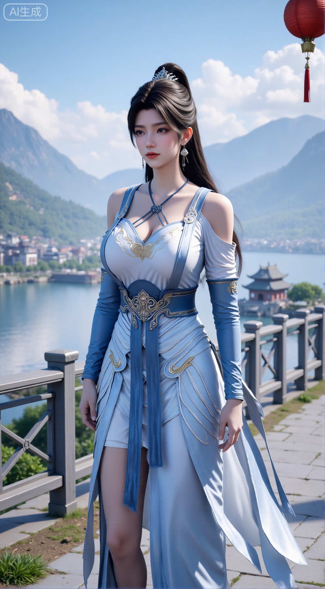 (masterpiece, best quality:1.2),1 girl, solo, long hair, hair accessories, clothing, long dress, jewelry, upper body, earrings. Background is outdoor, sky, clouds, water, trees, architecture, landscape, lantern, mountain, dragon, architecture, bridge, east Asian architecture, fog, pagoda,,(huge breasts:2.99),(full breasts:2.99),,,XbaifengsongyuYH,Xbigbreasts,Xyehuiling,XtangwutongXnb