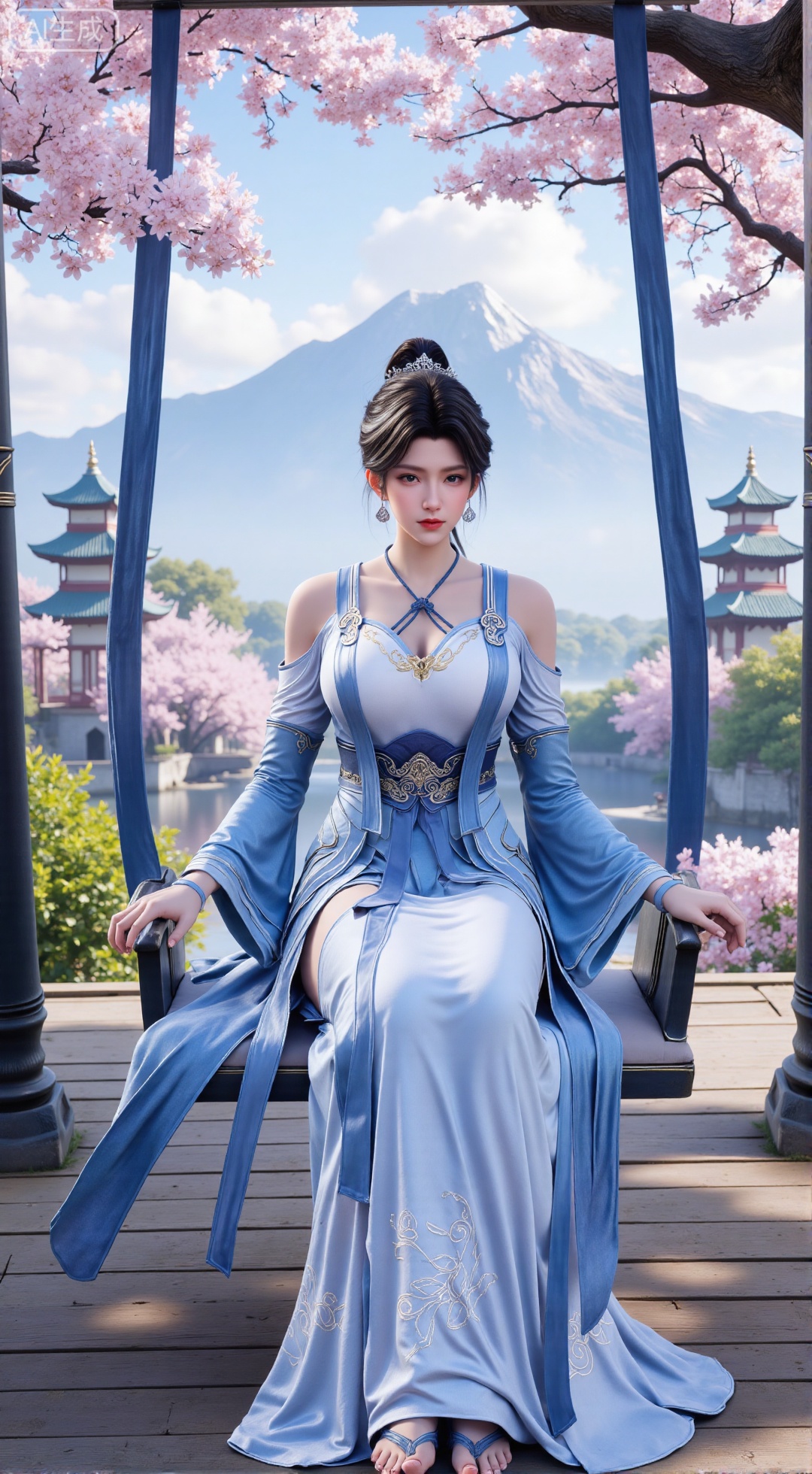 (masterpiece, top quality, best quality, official art, beautiful and aesthetic:1.2),Dynamic posture,(Sitting on the swing:1.39),natural skin texture,(Milky skin:1.2),1gir,solo,long Dress, (Long legs, perfect proportions:1.2),(Sakura, butterfly:1.29),(huge breasts:2.99),(full breasts:2.99),Wisteria, wisteria flowers, castle, waterfall, mountains in the distance,,XbaifengsongyuYH,Xbigbreasts,Xyehuiling,XtangwutongXnb
