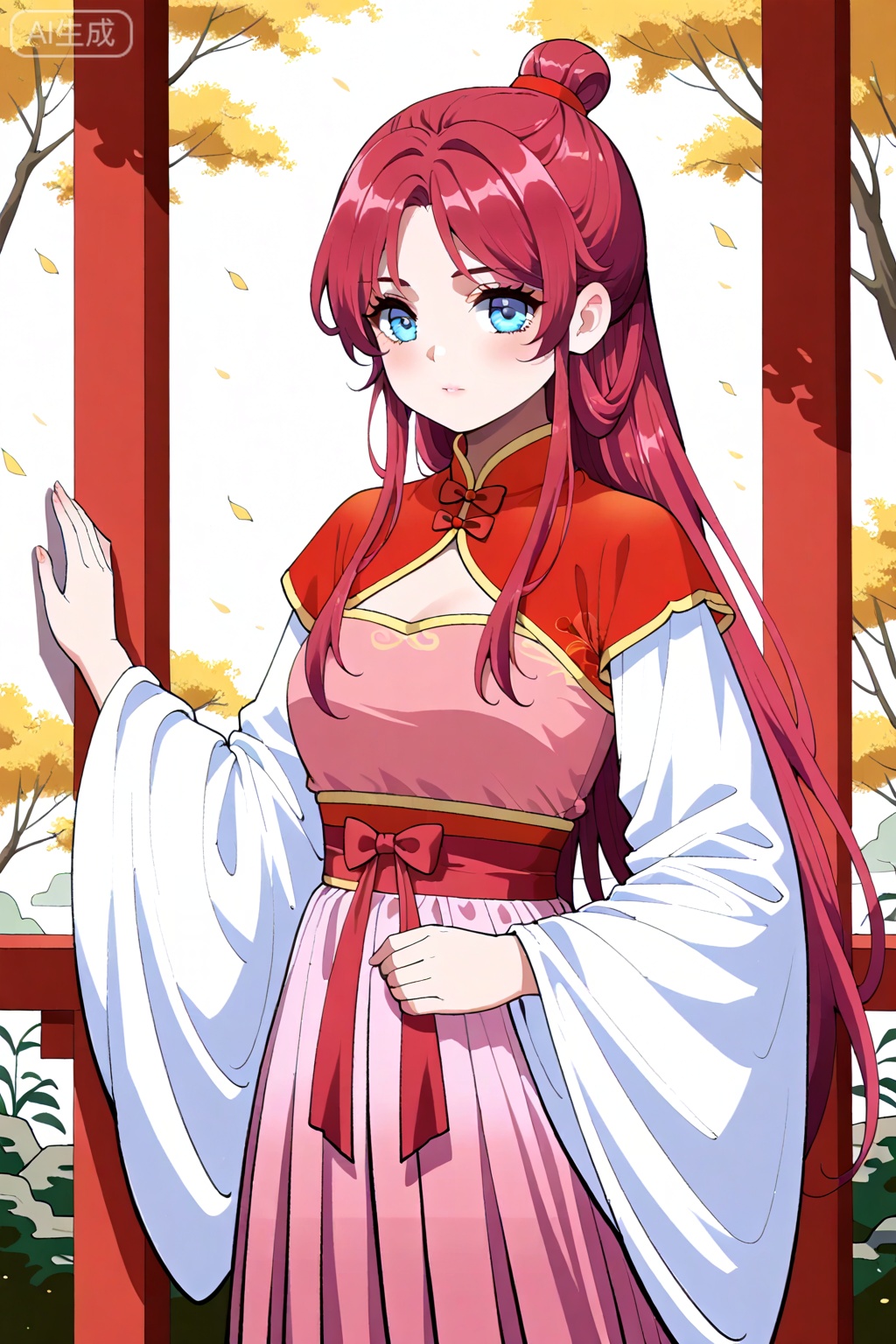 best quality,amazing quality,1girl,solo, red hair, long hair, blue eyes,chinese clothes, hanfu, ponytail, single hair bun, white sleeves, wide sleeves, long sleeves, pink hakama, hakama skirt, red sash, red bow, 苏颖,