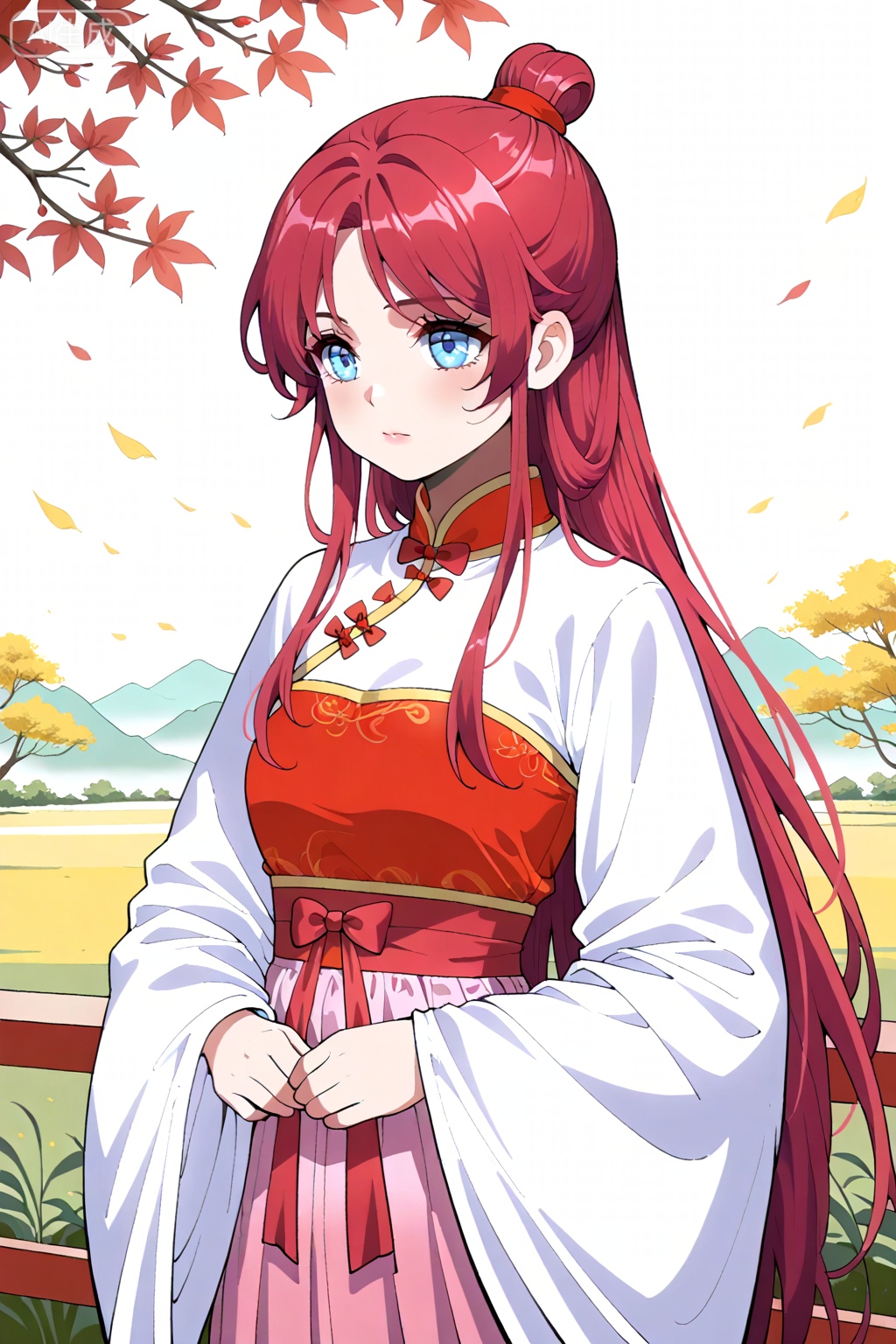 best quality,amazing quality,1girl,solo, red hair, long hair, blue eyes,chinese clothes, hanfu, ponytail, single hair bun, white sleeves, wide sleeves, long sleeves, pink hakama, hakama skirt, red sash, red bow, 苏颖,