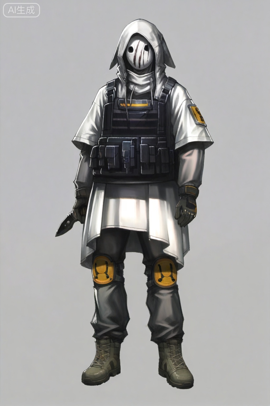 masterpiece, best quality,solo,((white background:1.2)),simple background,,full body
looking at viewer,Reunion Movement uniform,logo,arm wrap,short sleeves,armor,black pants,white hooded jacket,gloves,weapon,boots,hood up,mask,knife,knee pads,tactical clothes,bulletproof vest