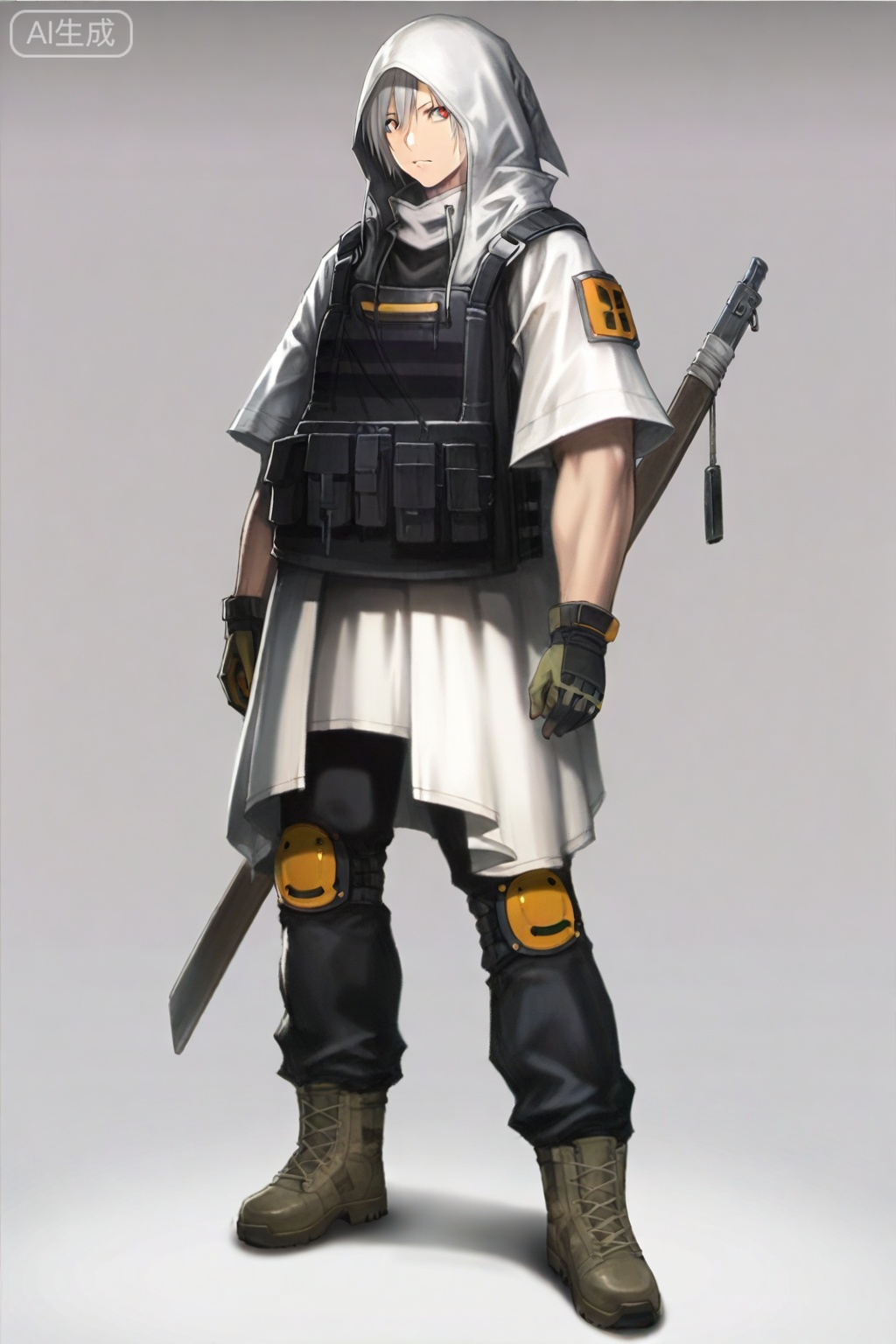 masterpiece, best quality,solo,((white background:1.2)),simple background,,full body
looking at viewer,Reunion Movement uniform,logo,arm wrap,short sleeves,armor,black pants,white hooded jacket,gloves,weapon,boots,hood down,knee pads,tactical clothes,bulletproof vest