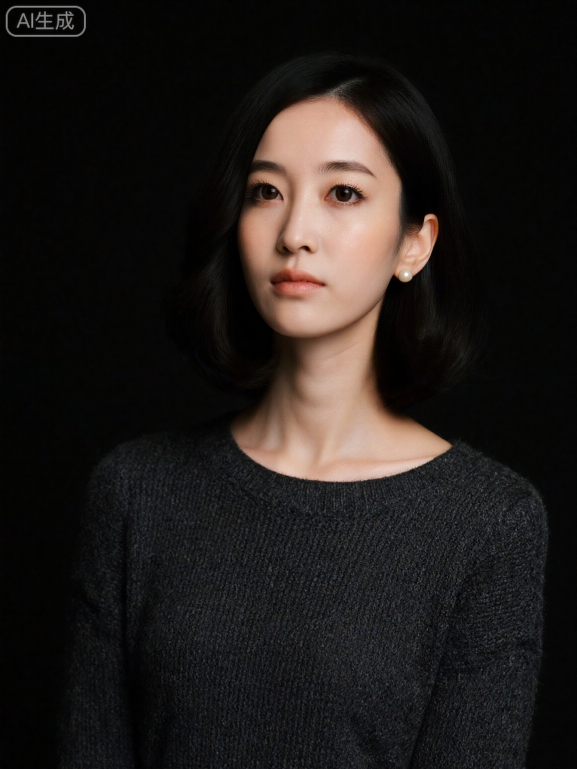 Shot by 12K Sony FX9, upper body composition (above chest to top of the head, characters account for 78% of the picture), Asian actress (warm yellow skin, delicate skin on the neck and collarbone, with natural luster). Nude makeup details: Use only transparent loose powder to control oil. The lip glaze is a light orange color close to the lip color. Eye makeup has no eye shadow and only inner eyeliner. The face retains natural skin tone. The sexy outfit is a dark gray perspective sweater (the round neck is slightly loose, the fabric is light and skin-permeable, the chest curve is faintly visible, and the cuffs are tightened). The hairstyle is shoulder-length short hair (black hair is slightly curly, the ends of the hair are naturally curled outward, and the top of the skull is not deliberately fluffy), and small pearl earrings (diameter 4mm, no other accessories). The background is a pure black matte background (no reflection, no impurities), with 45° hard light on the right (light outlines the contours of the shoulders, neck and chest, the texture of the sweater is clear, the depression of the clavicle forms a shadow, and one side of the face is lighted and three-dimensional). The texture of the raw pictures highlights the contrast between the pores of the skin and the knitted fabric, and the minimalist style reveals a cold and sexy feeling.
