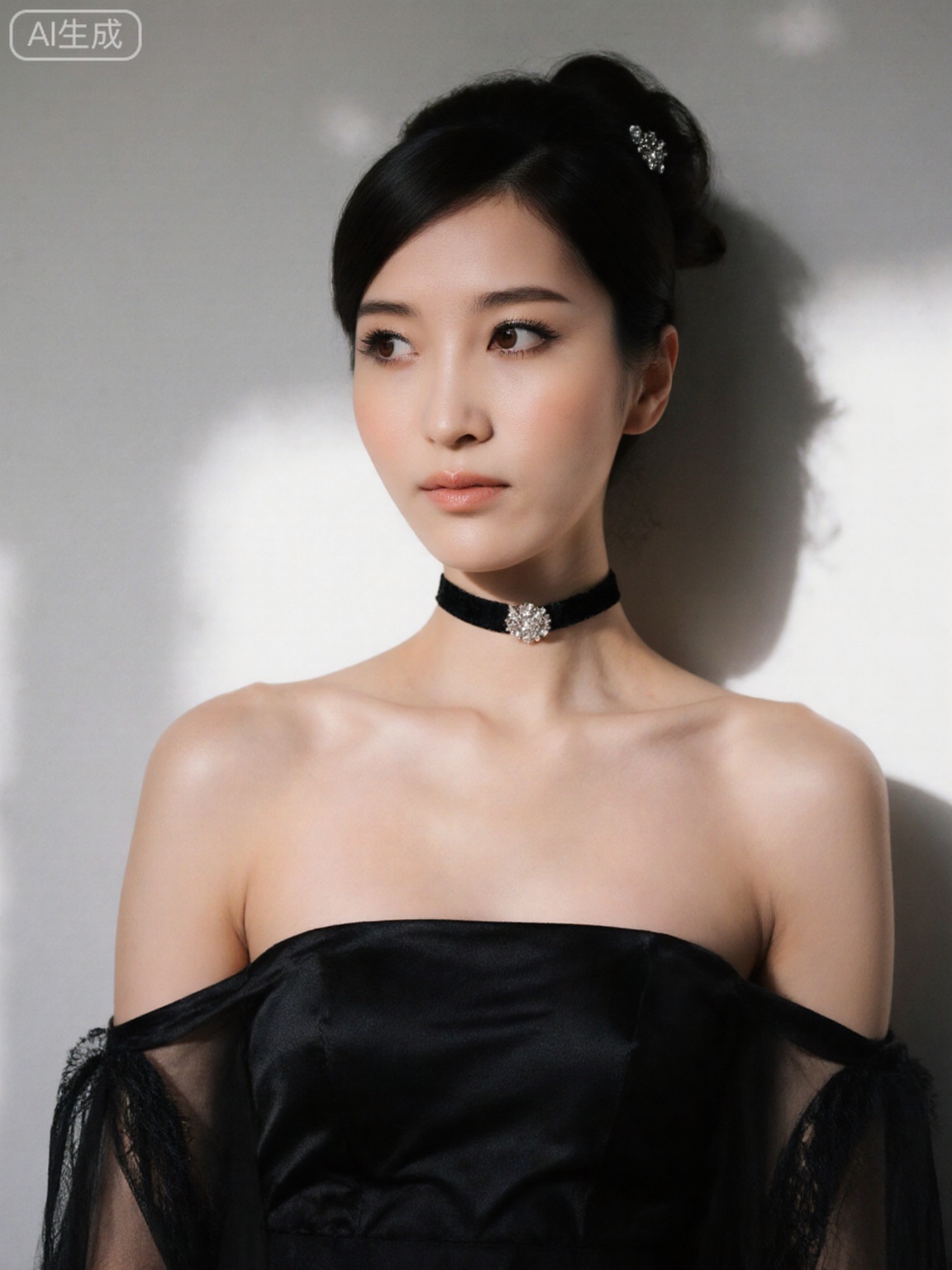 Shot by 12K Sony FX9, upper body composition (78% above chest to top of the head), Chinese beauty (warm yellow skin, delicate and flawless, smooth neck lines, delicate collarbone). Light makeup details: matte base makeup (oil-controlled without oil), light brown eyeshadow smudge, lip makeup is matte rose (soft edges), straight eyebrows with natural curves. The clothing is a black satin strapless bra (with wide edges designed to the upper edge of the chest, with invisible folds on the sides, highlighting the chest shape but not exposed), and a tulle shawl in the same color (only covering the shoulders, with fringed fringes on the edge). The hairstyle is high-plated (black hair is tight, the bun is smooth, and a silver plum hairpin is inserted on the side of the ears), and a black velvet choker (width 0.8cm, with a small rhinestone). The background is a pure white background board (beautéed under natural light), and the natural light is obliquely emitted by the window (light outlines the edge of the tube top, satin reflects soft light, and the skin is transparent and without shadow). The overall style is dignified and sexy, and the combination of satin and tulle shows implicit temptation.