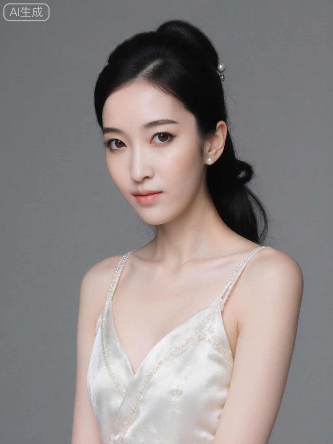 Shot by 12K Phase One XF IQ4, upper body composition (above chest to top of the head, characters account for 80% of the picture), Chinese beauty (warm white and transparent skin, no flaws, delicate pores, and naturally powdery and dizzy apple band). Light makeup details: light and breathable base makeup (only even skin tone, no heavy feeling), light brown eyeshadow swipes the eye sockets, the lip glaze is light pink bean paste color (lip lines are light and natural), and the eyebrows retain the native hair flow (slight curves show gentleness). The clothing is a pearl white silk suspender (the V-collar is opened to the middle and bottom of the collarbone, with fine pearl chains sewn on the edges, and the fabric is draped to fit the chest curve without revealing the secondary breasts). The hairstyle is a low ponytail (black hair is combed smoothly, the end of the hair is slightly curled and drooped, and two strands of hair are left behind the ears), and pearl earrings (diameter 5mm, connected by silver chain). The background is a cool gray matte plate (without texture), with 45° soft light on the left (light forms a shallow shadow on the chest, the face is evenly lit, and the silk luster is soft and not dazzling). The overall subtle is sexy, and the silk texture echoes the flawless skin, showing elegance.