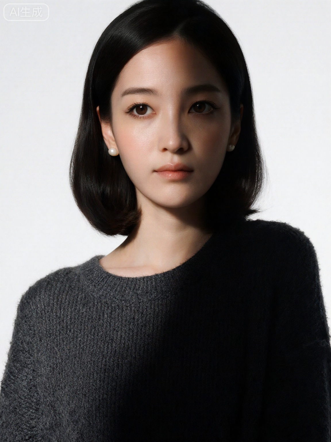 Shot by 12K Sony FX9, upper body composition (above chest to top of the head, characters account for 78% of the picture), Asian actress (warm yellow skin, delicate skin on the neck and collarbone, with natural luster). Nude makeup details: Use only transparent loose powder to control oil. The lip glaze is a light orange color close to the lip color. Eye makeup has no eye shadow and only inner eyeliner. The face retains natural skin tone. The sexy outfit is a dark gray perspective sweater (the round neck is slightly loose, the fabric is light and skin-permeable, the chest curve is faintly visible, and the cuffs are tightened). The hairstyle is shoulder-length short hair (black hair is slightly curly, the ends of the hair are naturally curled outward, and the top of the skull is not deliberately fluffy), and small pearl earrings (diameter 4mm, no other accessories). The background is a pure black matte background (no reflection, no impurities), with 45° hard light on the right (light outlines the contours of the shoulders, neck and chest, the texture of the sweater is clear, the depression of the clavicle forms a shadow, and one side of the face is lighted and three-dimensional). The texture of the raw pictures highlights the contrast between the pores of the skin and the knitted fabric, and the minimalist style reveals a cold and sexy feeling.