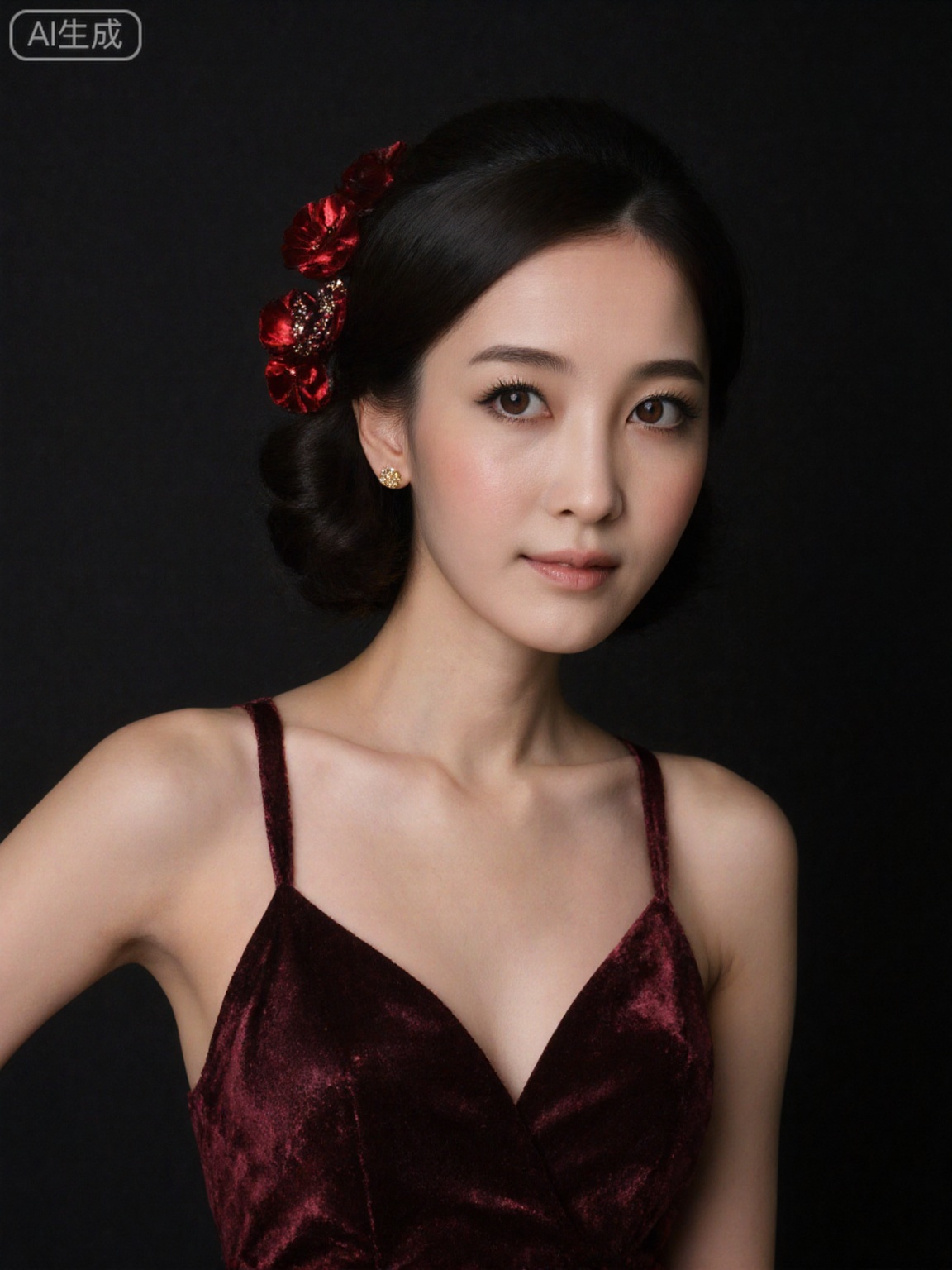 Shot by 12K Phase One XT, upper body composition (above chest to top of the head, accounting for 80%), Chinese beauty (warm red skin, flawless, delicate and shiny skin). Light makeup details: micro-glitter base makeup (shows skin transparency), dark brown eyeshadow with a small range of smudge, lip glaze is dark bean paste color (with fine glitter), and the tail of the eyebrows are naturally drooping. The clothing is a burgundy velvet suspender skirt (the V-neck is moderate, the skirt is close to the skin to the chest, the suspender is thin and narrow, and the edges are covered with black edges). The hairstyle is low-plated (brunette is tied into a round bun, with red velvet flowers inserted between the hair), and small gold ring earrings (diameter 6mm). The background is a pure black matte panel, with 45° side backlight on the left (light outlines the hair and the edges of the suspender, soft shadows on the chest, and a velvet shine to make it look premium). The overall retro and subtle are the atmosphere created by velvet texture and side backlight highlight the low-key and sexy atmosphere.​