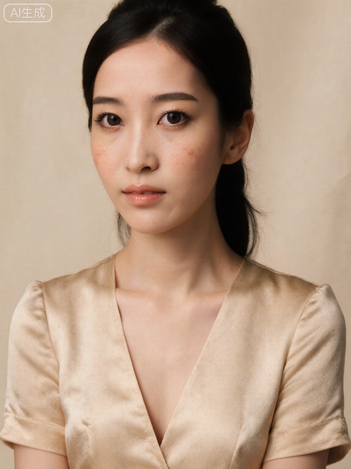 10K Hasselblad H6D-100c, close-up of the upper body (breast to the top of the head, characters account for 85% of the picture), Asian actress (ivory white native skin color, natural freckles on cheeks, clear skin texture). Nude makeup details: Zero foundation only applies sun protection, the lip color is a little darker in the original lip color, no concealer around the eyes retains a light dark circle, and the eyebrows are only combed without thrush powder. The sexy outfit is a champagne silky deep V top (the V-neck is smooth in lines, the fabric drapes to the chest, no pattern or decoration, and the cuffs are slightly curled under the shoulders). The hairstyle is a low ponytail (black hair is tightly tied, the ends of the hair are naturally spread out, and two strands of hair are left behind the ears), without accessories (the neck lines are completely exposed). The background is a beige muslin background (with slight texture, no variegated), with soft light diffusing on the top (the light evenly covers the face and chest, the silk reflects a subtle luster, the chest curve is soft and not stiff, and the skin shows a natural and transparent feeling). The raw picture state retains the fine lines around the lips, the overall picture is minimalist and clean, and it looks gentle while sexy.
