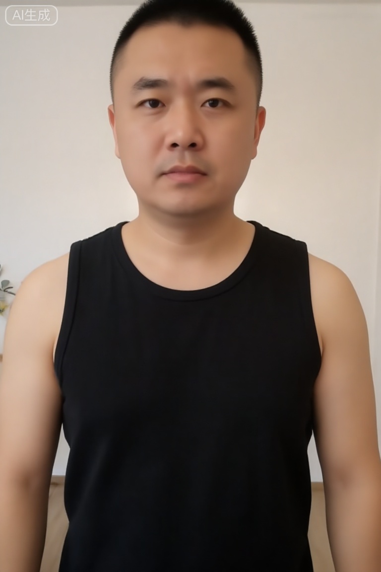 1man,Chinese men with average body shape,black sleeveless top, short hair style, indoor home scene, natural light,cnman