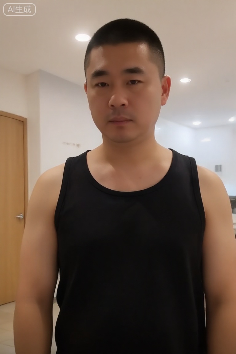1man,Chinese men with average body shape,black sleeveless top, short hair style, indoor home scene, natural light,cnman