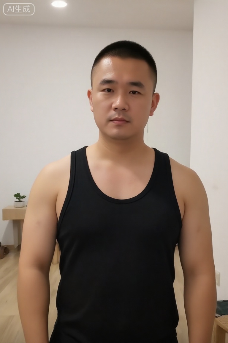 1man,Chinese men with average body shape,black sleeveless top, short hair style, indoor home scene, natural light,cnman