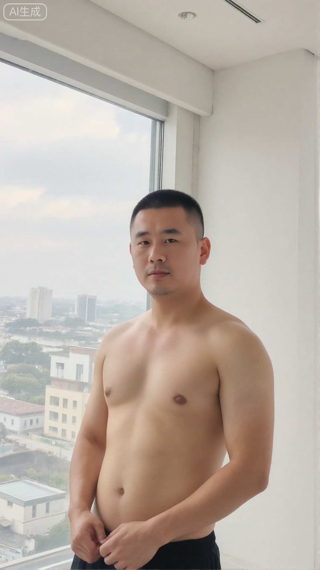 1man,Chinese men with average body shape, short hair, natural light,cnman,topless,male_nipples,No abdominal muscles,He stands in front of a floor - to - ceiling window, 