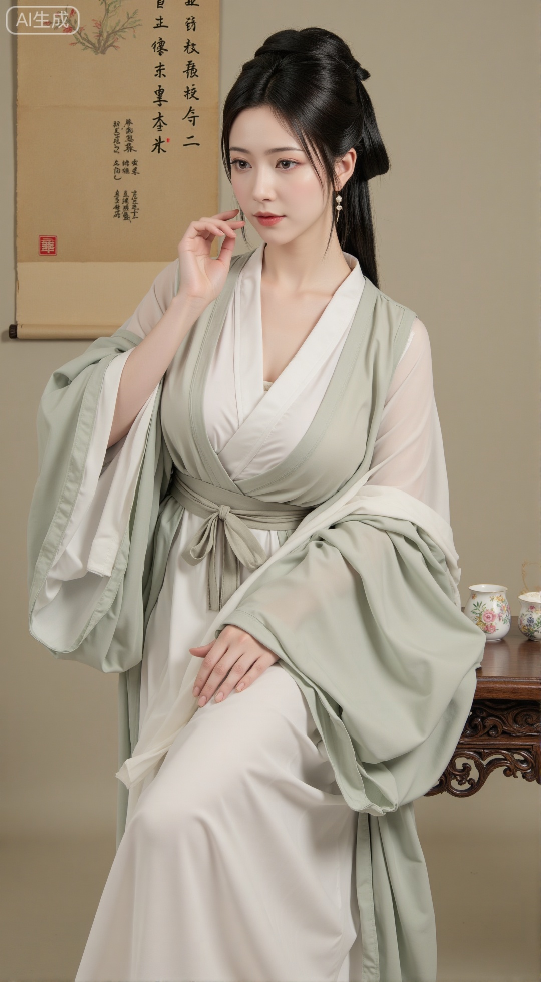 SFW,(masterpiece,best quality:1.23), a beautiful girl, ethereal, Weijin style hanfu, flowing robes, ink wash painting style, fine brushwork, ancient boudoir, delicate tea set, ancient scrolls, subtle color palette, muted tones, soft natural light, artistic composition, concept art,,XbaifengsongyuYH,Xbigbreasts,Xyehuiling,XtangwutongXnb,Xyinyangjiaoshengnv,XmupeilingHongyi