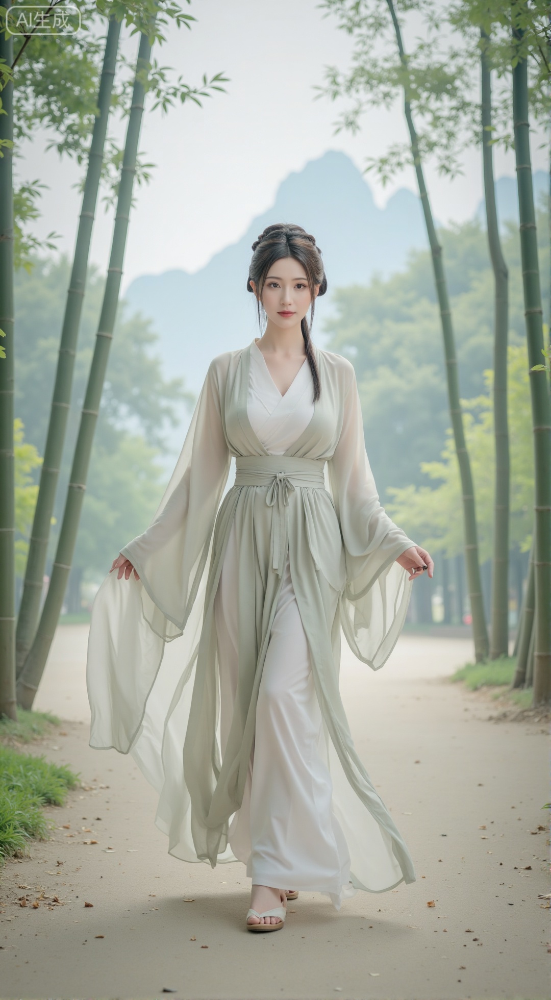 SFW,,(masterpiece,best quality:1.23), full body, a young girl, elegant, Weijin style hanfu, flowing robes, ink wash painting style, walking in a misty bamboo forest, mountains in the distance, subtle light, morning mist, falling leaves, tranquil atmosphere, soft focus background,XbaifengsongyuYH,Xbigbreasts,Xyehuiling,XtangwutongXnb,Xyinyangjiaoshengnv,XmupeilingHongyi