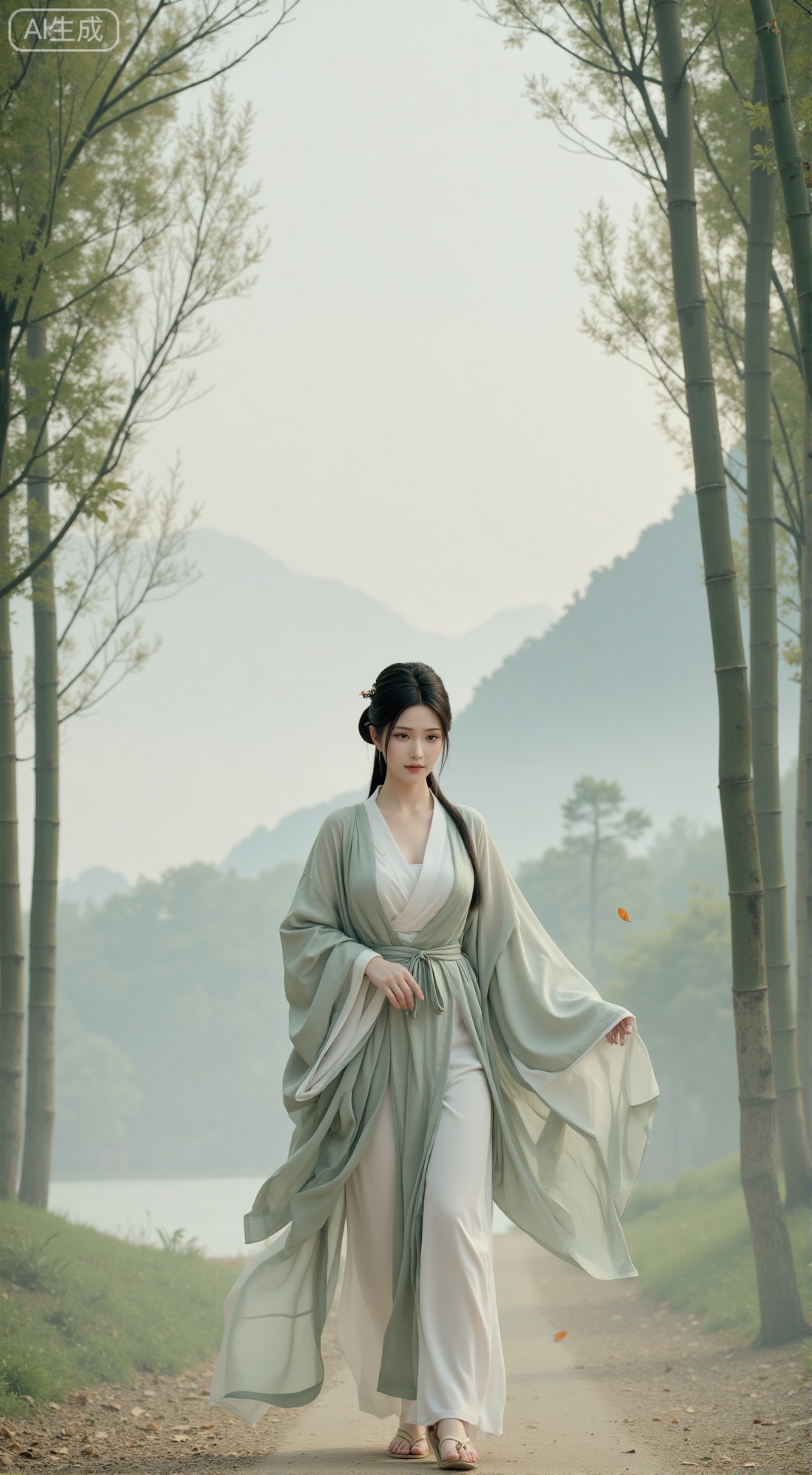 SFW,,(masterpiece,best quality:1.23), full body, a young girl, elegant, Weijin style hanfu, flowing robes, ink wash painting style, walking in a misty bamboo forest, mountains in the distance, subtle light, morning mist, falling leaves, tranquil atmosphere, soft focus background,XbaifengsongyuYH,Xbigbreasts,Xyehuiling,XtangwutongXnb,Xyinyangjiaoshengnv,XmupeilingHongyi