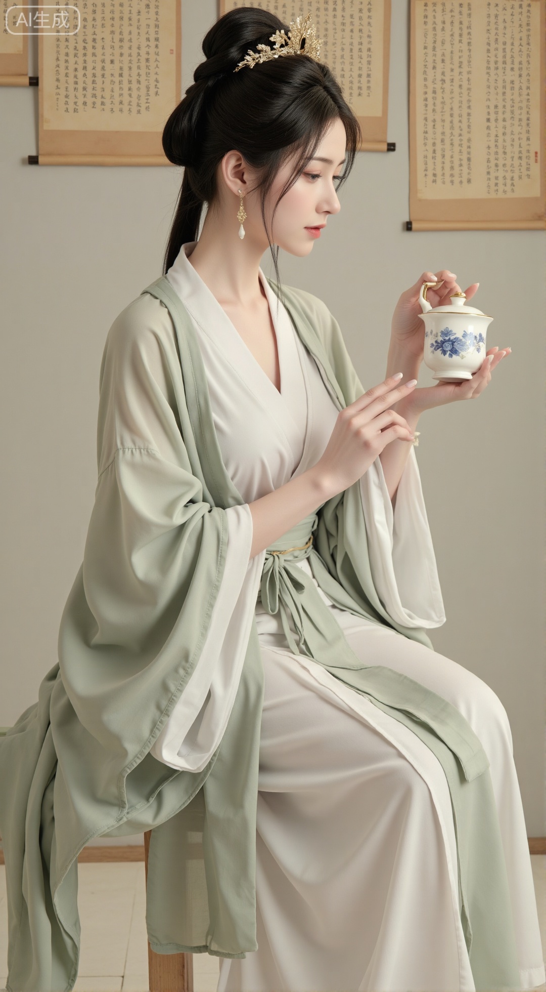 SFW,(masterpiece,best quality:1.23), a beautiful girl, ethereal, Weijin style hanfu, flowing robes, ink wash painting style, fine brushwork, ancient boudoir, delicate tea set, ancient scrolls, subtle color palette, muted tones, soft natural light, artistic composition, concept art,,XbaifengsongyuYH,Xbigbreasts,Xyehuiling,XtangwutongXnb,Xyinyangjiaoshengnv,XmupeilingHongyi