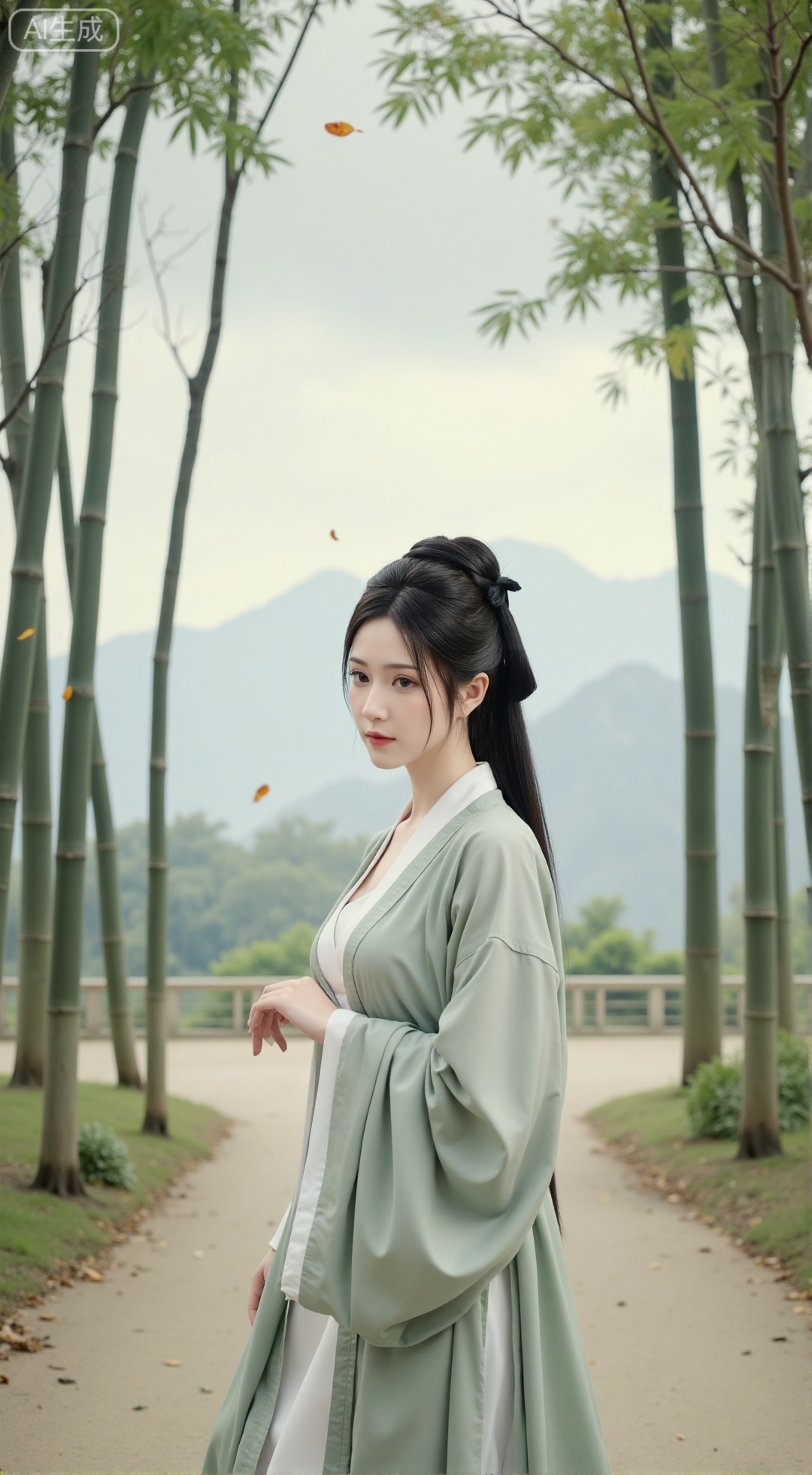 SFW,,(masterpiece,best quality:1.23), full body, a young girl, elegant, Weijin style hanfu, flowing robes, ink wash painting style, walking in a misty bamboo forest, mountains in the distance, subtle light, morning mist, falling leaves, tranquil atmosphere, soft focus background,XbaifengsongyuYH,Xbigbreasts,Xyehuiling,XtangwutongXnb,Xyinyangjiaoshengnv,XmupeilingHongyi