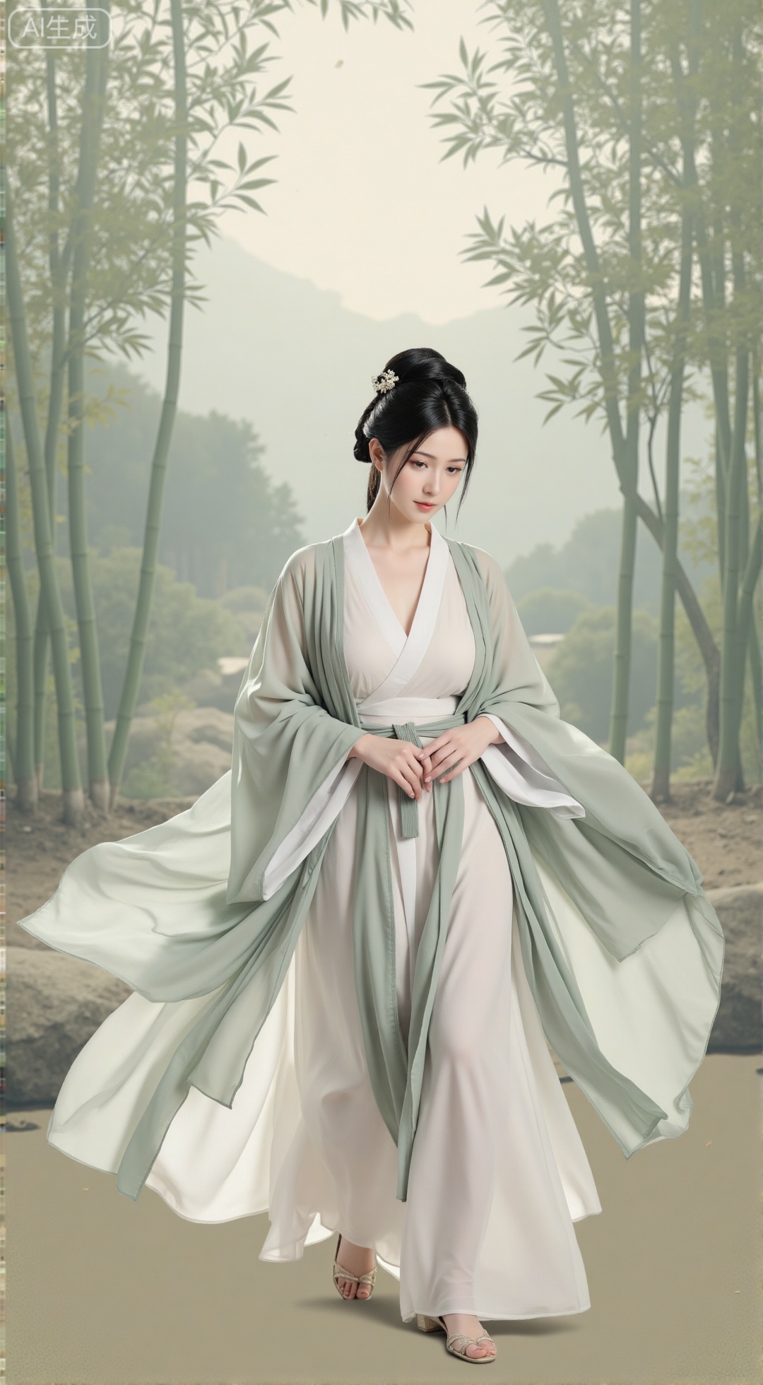 SFW,,(masterpiece,best quality:1.23), full body, a young girl, elegant, Weijin style hanfu, flowing robes, ink wash painting style, walking in a misty bamboo forest, mountains in the distance, subtle light, morning mist, falling leaves, tranquil atmosphere, soft focus background,XbaifengsongyuYH,Xbigbreasts,Xyehuiling,XtangwutongXnb,Xyinyangjiaoshengnv,XmupeilingHongyi