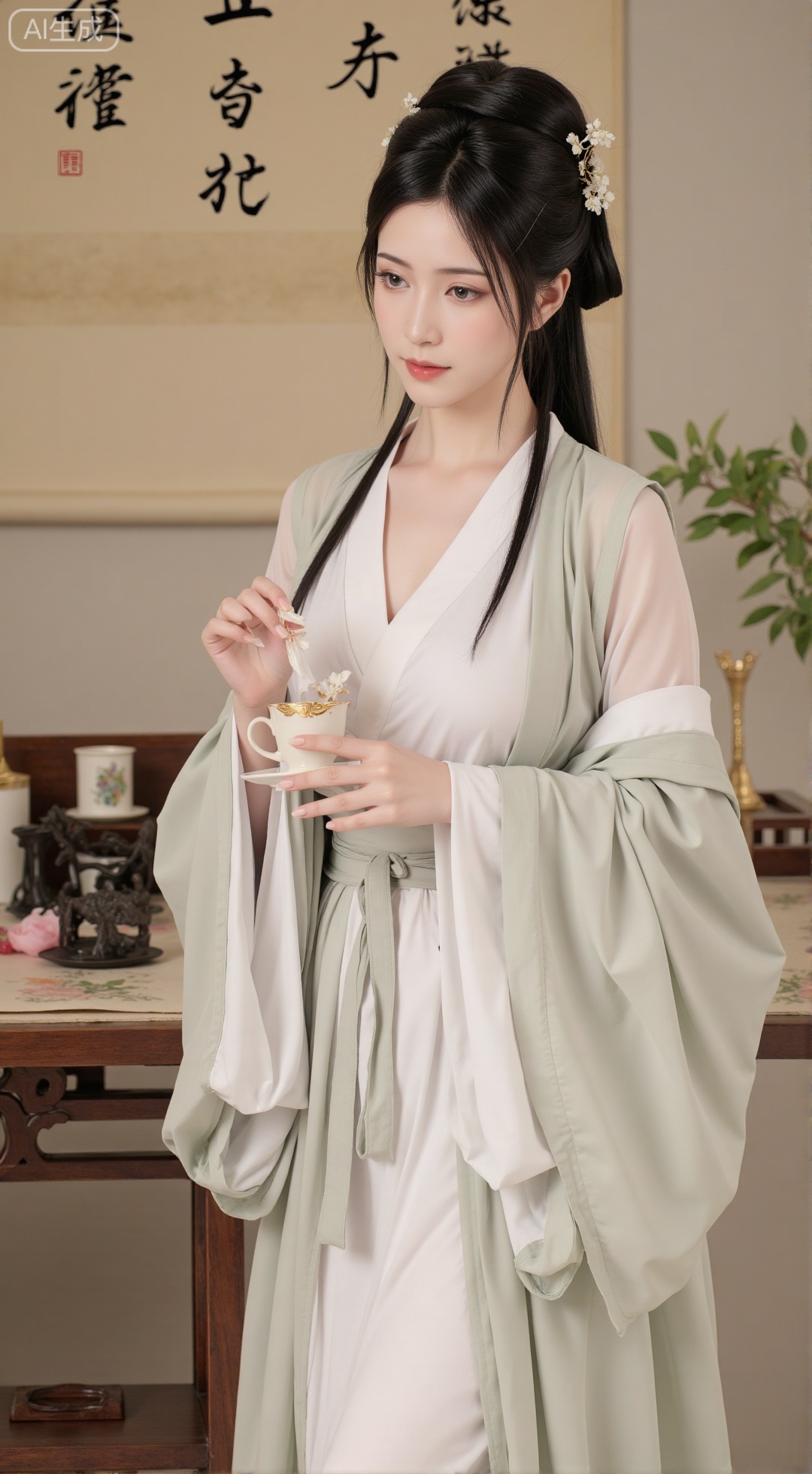 SFW,(masterpiece,best quality:1.23), a beautiful girl, ethereal, Weijin style hanfu, flowing robes, ink wash painting style, fine brushwork, ancient boudoir, delicate tea set, ancient scrolls, subtle color palette, muted tones, soft natural light, artistic composition, concept art,,XbaifengsongyuYH,Xbigbreasts,Xyehuiling,XtangwutongXnb,Xyinyangjiaoshengnv,XmupeilingHongyi