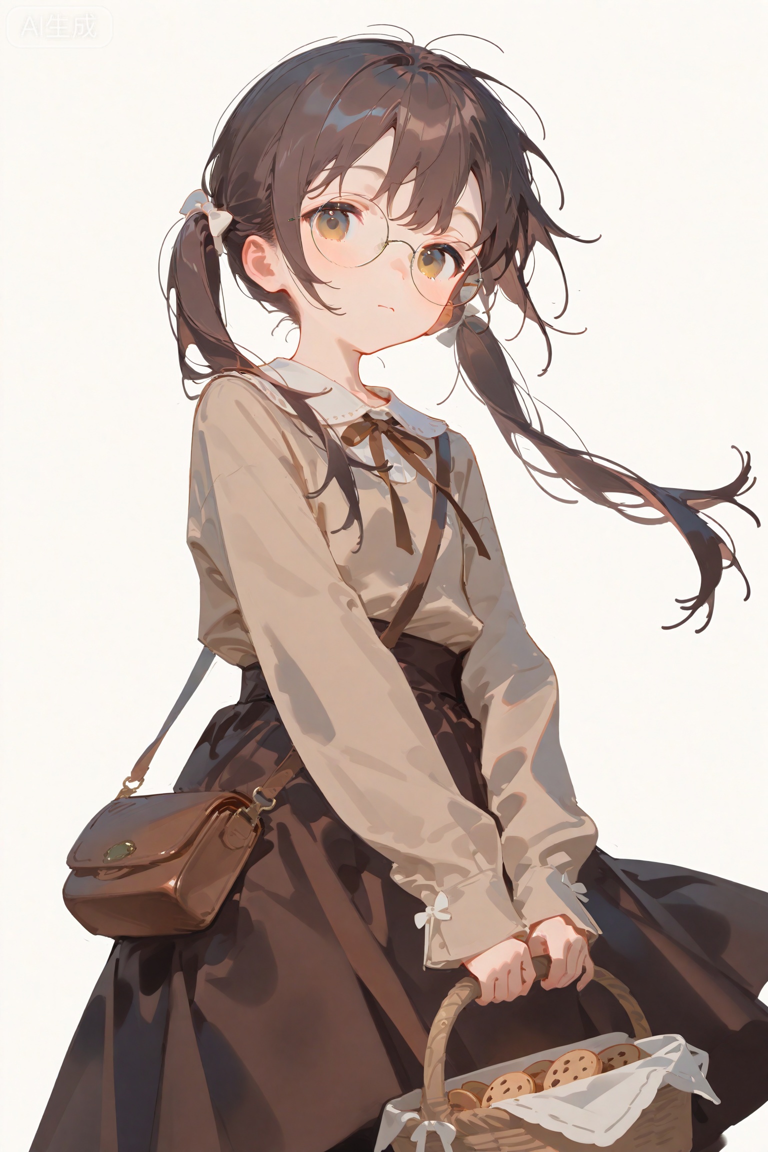 masterpiece,very aware,highres,absurdres,newest,best quality,high quality, gb55555, 
petite,
dynamic angle,cinematic angle, 
1girl,bag,basket,bow,brown bag,brown hair,brown ribbon,brown shirt,brown skirt,closed mouth,cookie,cowboy shot,food,glasses,hair bow,holding,holding basket,long hair,long sleeves,looking at viewer,neck ribbon,ribbon,round eyewear,shirt,shoulder bag,skirt,sleeves past wrists,solo,twintails,v arms,white bow,white background, 
official art,amazing quality,very aesthetic,absurdres,beast quality,ultra detailed,newest,8K,HDR,