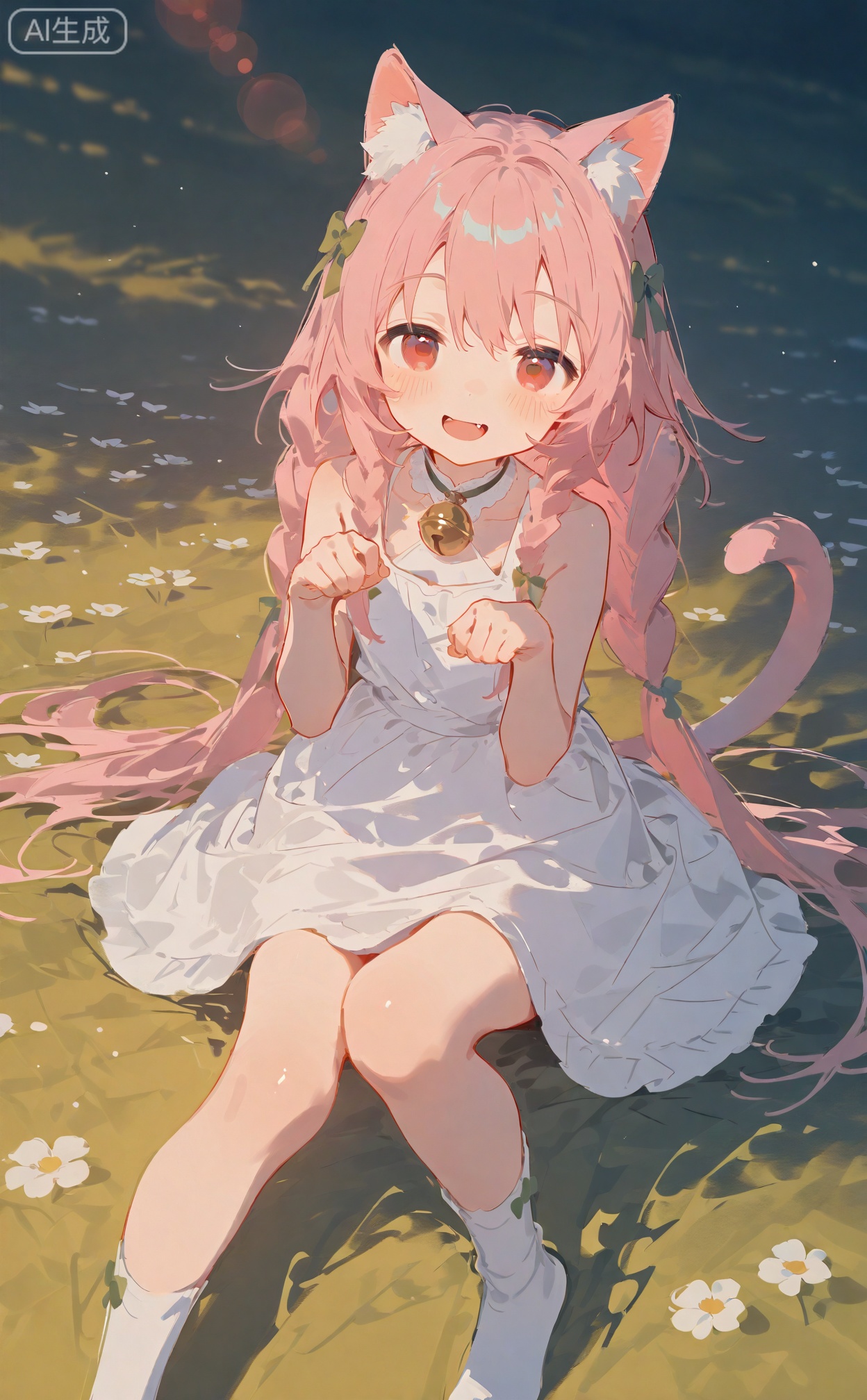 masterpiece,very aware,highres,absurdres,newest,best quality,high quality,gb55555,
loli,petite,chromatic_aberration,lens_flare,dynamic_angle,cinematic_angle, 
1girl, solo, long hair, animal ears, dress, tail, cat ears, bow, hair bow, smile, white dress, very long hair, cat tail, bell, cat girl, braid, :d, on grass, green bow, socks, sleeveless dress, flower, animal ear fluff, grass, looking at viewer, white socks, outdoors, sleeveless, neck bell, sitting, red eyes, paw pose, jingle bell, open mouth, white flower, hands up, twin braids, blush, no shoes, pink hair, fang, 
official art,depth of field,detailed light,blurry background,best shadow,shiny skin,cinematic lighting,ray tracing,amazing quality,very aesthetic,absurdres,beast quality,ultra detailed,newest,8K,HDR,