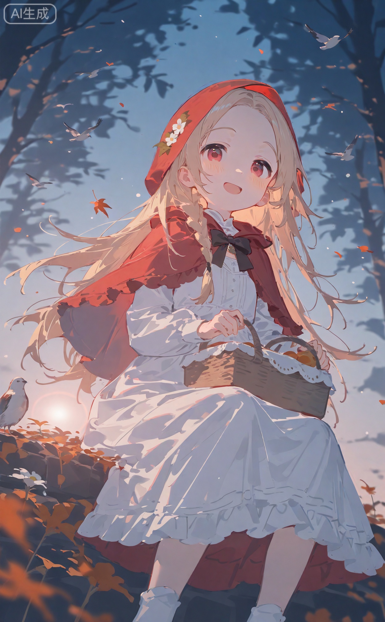 masterpiece,very aware,highres,absurdres,newest,best quality,high quality,loli,petite,chromatic_aberration,
Light Blue Theme,lens_flare,dynamic_angle,cinematic_angle,//,
gb55555,//,
night, gothic, long dress, 1girl, basket, solo, dress,long_hair,hood,blonde_hair,red_eyes,flower,looking_at_viewer,smile,sitting,outdoors,blush,white_dress,hair_ornament,leaf,autumn_leaves,white_socks,open_mouth,hooded_capelet,white_flower,hair_flower,socks,capelet,bird,:d,tree,frills,hood_up,day,braid,blurry,red_capelet,depth_of_field,little_red_riding_hood_(grimm),forehead,frilled_dress,feet_out_of_frame,picnic_basket,maple_leaf,bow,animal,holding_basket,