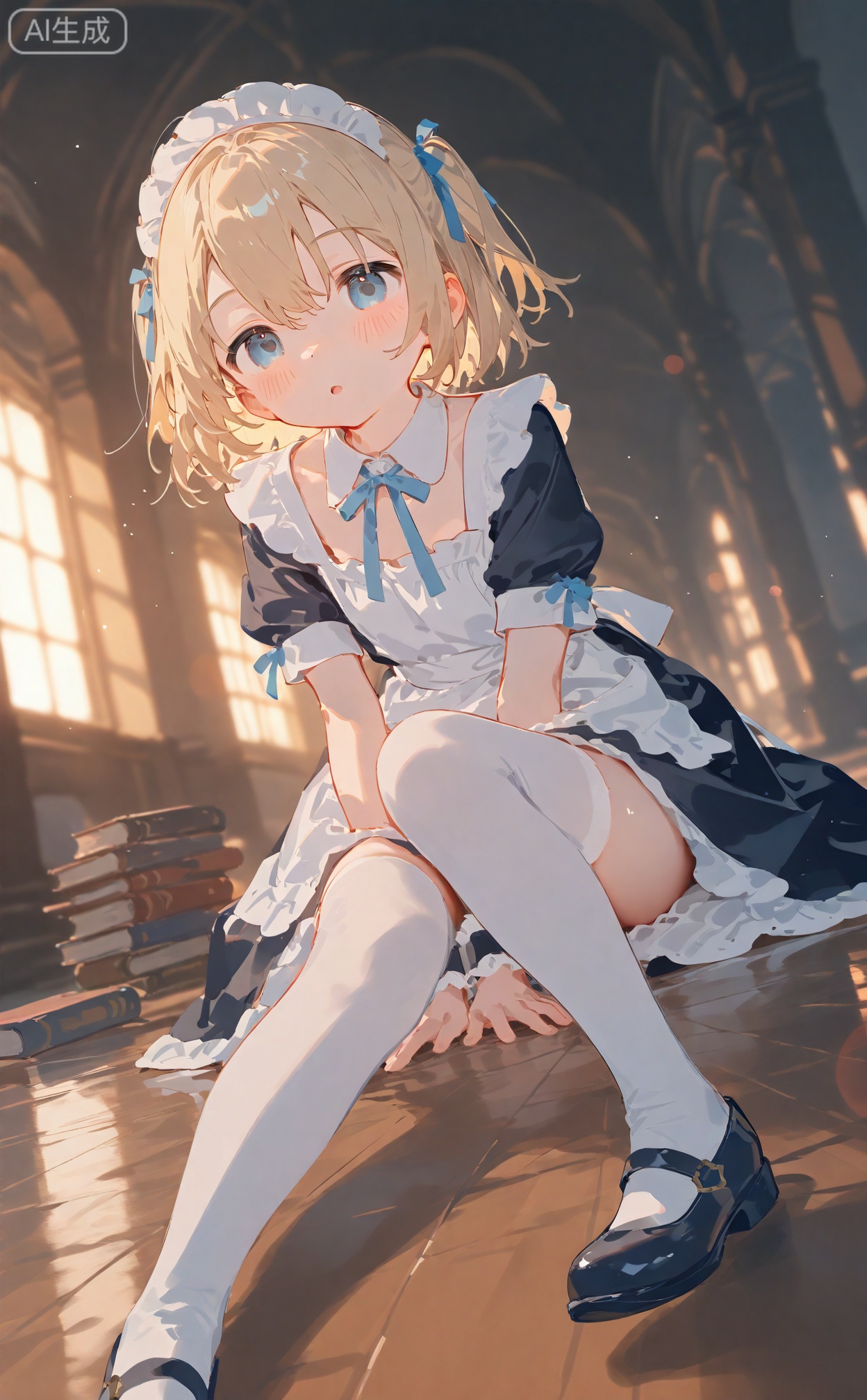masterpiece,very aware,highres,absurdres,newest,best quality,high quality,gb55555,
loli,petite,chromatic_aberration,lens_flare,dynamic_angle,cinematic_angle, 
1girl,blonde hair,two side up,blue eyes,short hair,hair bow,blue bow,blush,book,cat,frills,hair ribbon,sitting,maid,mary janes,ribbon,shoes,solo,thighhighs,white thighhighs,wrist cuffs,looking at viewer,:o,indoors,
official art,depth of field,detailed light,blurry background,best shadow,shiny skin,cinematic lighting,ray tracing,amazing quality,very aesthetic,absurdres,beast quality,ultra detailed,newest,8K,HDR,