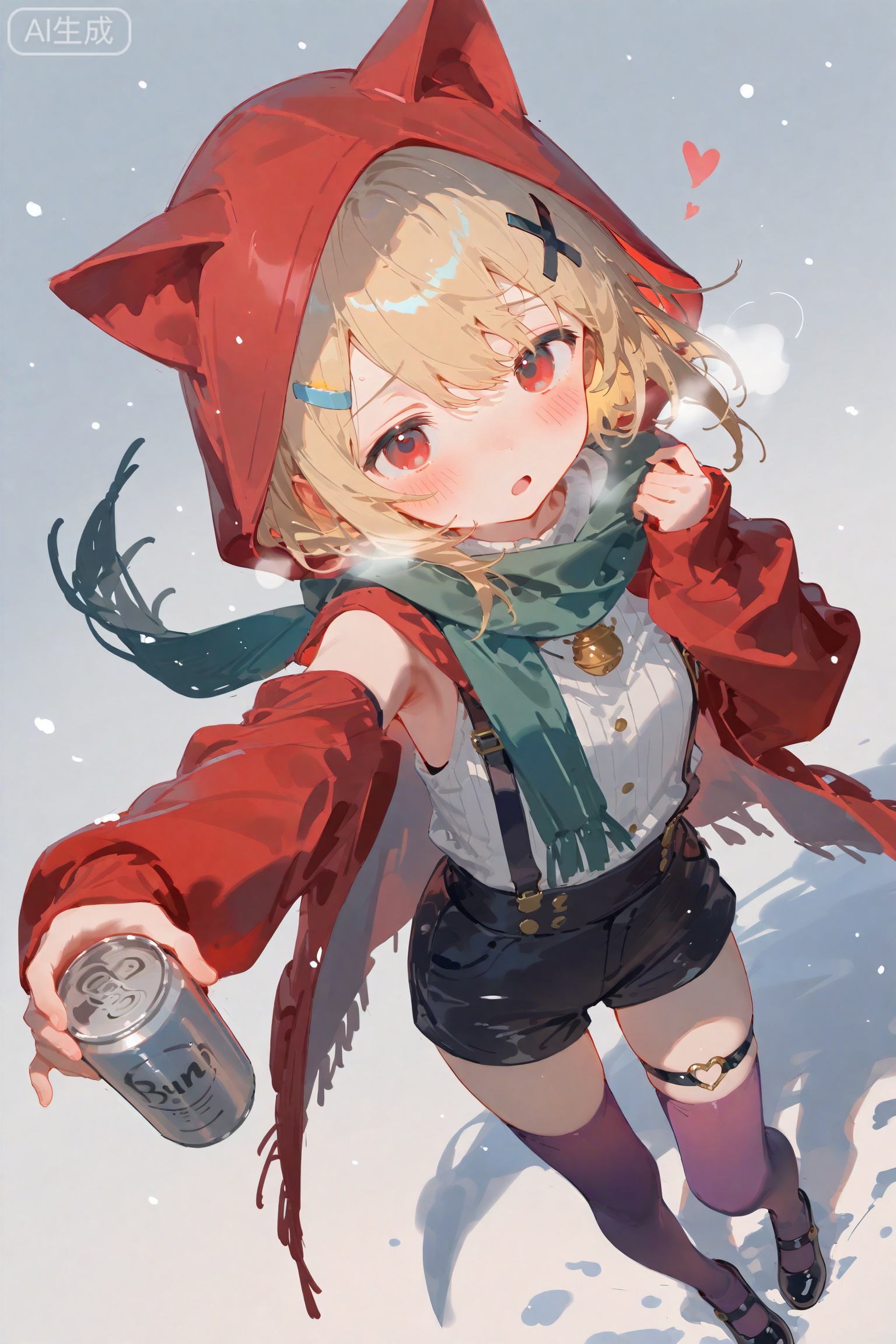 masterpiece,very aware,highres,absurdres,newest,best quality,high quality, gb55555, 
petite,
dynamic angle,cinematic angle, 
1girl,:o,animal ear hood,animal ears,black shoes,black shorts,blonde hair,blush,breath,can,cat ears,detached sleeves,fake animal ears,foreshortening,fringe trim,full body,furrowed brow,green scarf,hair ornament,hand up,heart,heart o-ring,holding,holding can,hood,hood up,looking at viewer,mary janes,medium hair,o-ring,o-ring thigh strap,open mouth,outstretched arm,purple thighhighs,reaching,reaching towards viewer,red eyes,red sleeves,scarf,shirt,shoes,shorts,shy,sidelocks,simple background,sleeves past wrists,snowing,solo,standing,striped clothes,striped shirt,suspender shorts,suspenders,swept bangs,thigh strap,thighhighs,upturned eyes,white background,x hair ornament,zettai ryouiki,
official art,amazing quality,very aesthetic,absurdres,beast quality,ultra detailed,newest,8K,HDR,