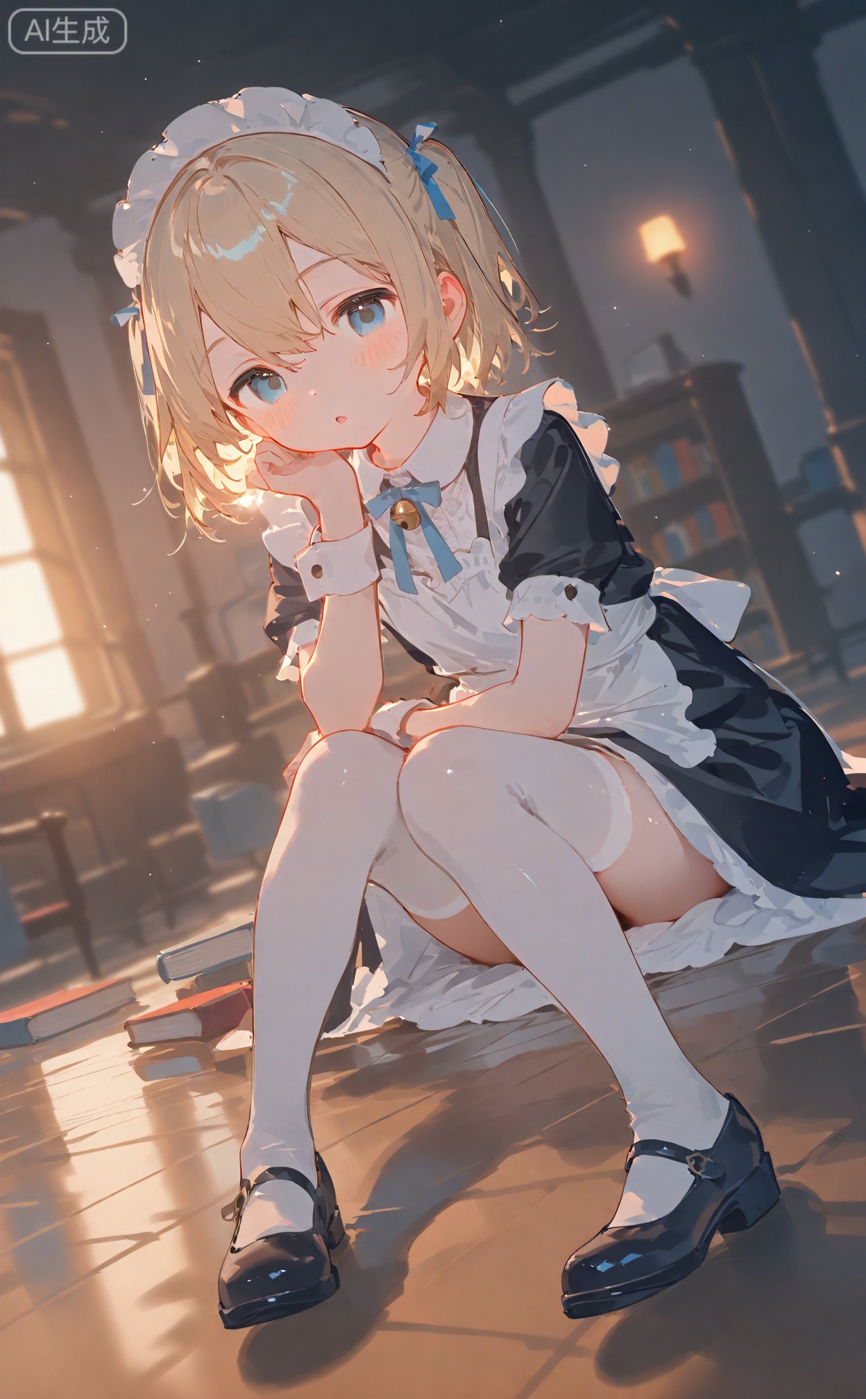 masterpiece,very aware,highres,absurdres,newest,best quality,high quality,gb55555,
loli,petite,chromatic_aberration,lens_flare,dynamic_angle,cinematic_angle, 
1girl,blonde hair,two side up,blue eyes,short hair,hair bow,blue bow,blush,book,cat,frills,hair ribbon,sitting,maid,mary janes,ribbon,shoes,solo,thighhighs,white thighhighs,wrist cuffs,looking at viewer,:o,indoors,
official art,depth of field,detailed light,blurry background,best shadow,shiny skin,cinematic lighting,ray tracing,amazing quality,very aesthetic,absurdres,beast quality,ultra detailed,newest,8K,HDR,