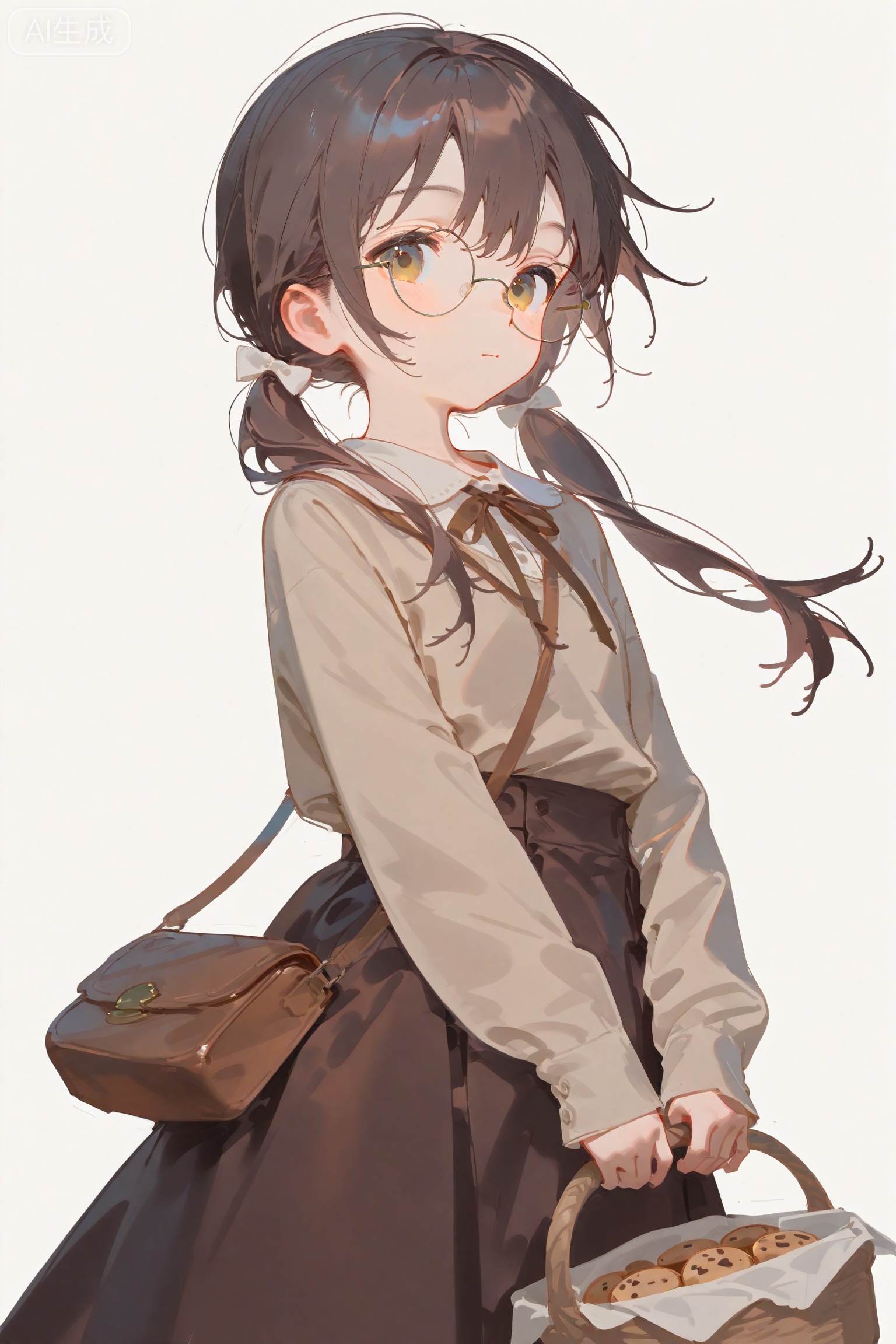 masterpiece,very aware,highres,absurdres,newest,best quality,high quality, gb55555, 
petite,
dynamic angle,cinematic angle, 
1girl,bag,basket,bow,brown bag,brown hair,brown ribbon,brown shirt,brown skirt,closed mouth,cookie,cowboy shot,food,glasses,hair bow,holding,holding basket,long hair,long sleeves,looking at viewer,neck ribbon,ribbon,round eyewear,shirt,shoulder bag,skirt,sleeves past wrists,solo,twintails,v arms,white bow,white background, 
official art,amazing quality,very aesthetic,absurdres,beast quality,ultra detailed,newest,8K,HDR,