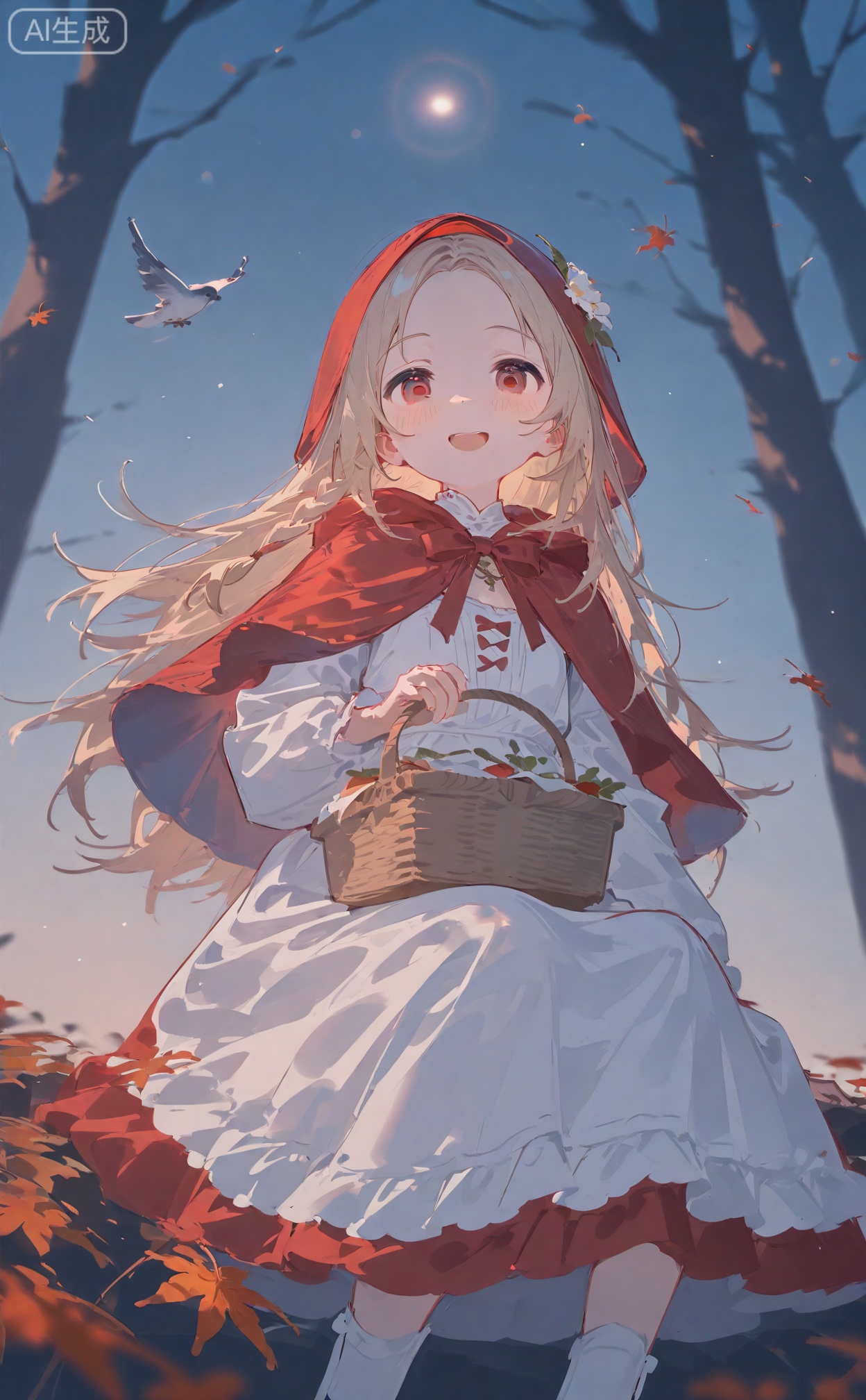 masterpiece,very aware,highres,absurdres,newest,best quality,high quality,loli,petite,chromatic_aberration,
Light Blue Theme,lens_flare,dynamic_angle,cinematic_angle,//,
gb55555,//,
night, gothic, long dress, 1girl, basket, solo, dress,long_hair,hood,blonde_hair,red_eyes,flower,looking_at_viewer,smile,sitting,outdoors,blush,white_dress,hair_ornament,leaf,autumn_leaves,white_socks,open_mouth,hooded_capelet,white_flower,hair_flower,socks,capelet,bird,:d,tree,frills,hood_up,day,braid,blurry,red_capelet,depth_of_field,little_red_riding_hood_(grimm),forehead,frilled_dress,feet_out_of_frame,picnic_basket,maple_leaf,bow,animal,holding_basket,