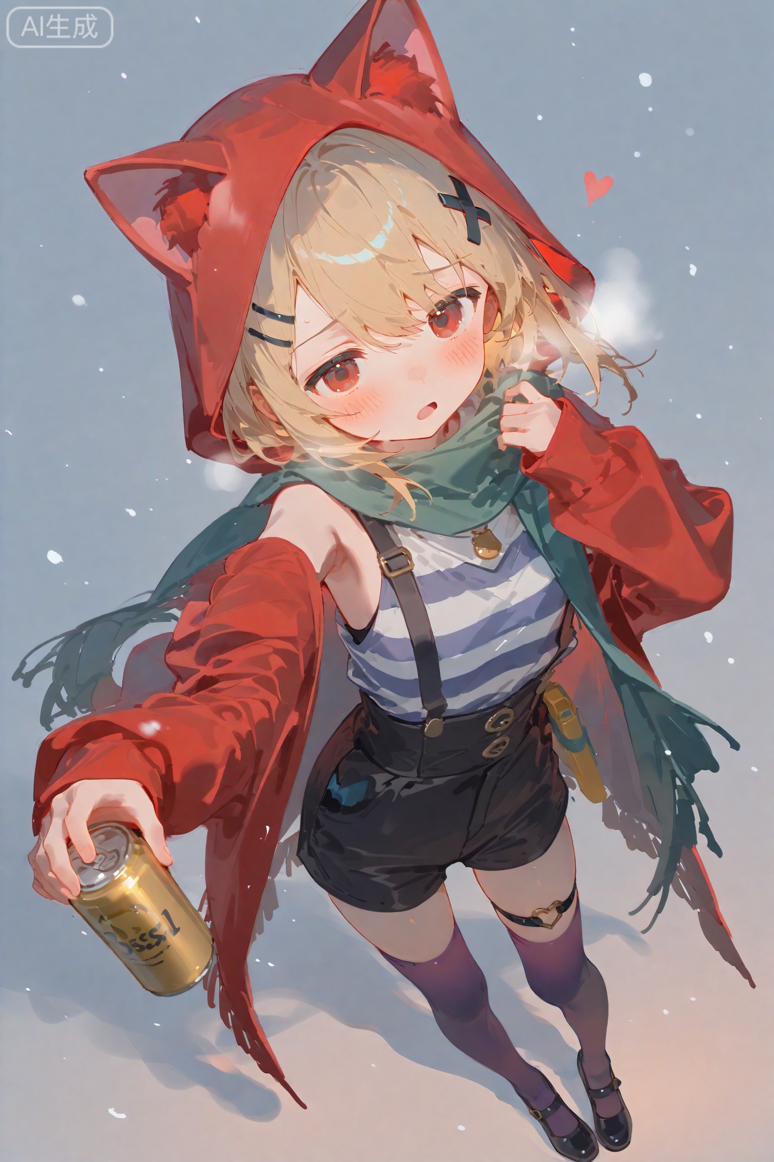 masterpiece,very aware,highres,absurdres,newest,best quality,high quality, gb55555, 
petite,
dynamic angle,cinematic angle, 
1girl,:o,animal ear hood,animal ears,black shoes,black shorts,blonde hair,blush,breath,can,cat ears,detached sleeves,fake animal ears,foreshortening,fringe trim,full body,furrowed brow,green scarf,hair ornament,hand up,heart,heart o-ring,holding,holding can,hood,hood up,looking at viewer,mary janes,medium hair,o-ring,o-ring thigh strap,open mouth,outstretched arm,purple thighhighs,reaching,reaching towards viewer,red eyes,red sleeves,scarf,shirt,shoes,shorts,shy,sidelocks,simple background,sleeves past wrists,snowing,solo,standing,striped clothes,striped shirt,suspender shorts,suspenders,swept bangs,thigh strap,thighhighs,upturned eyes,white background,x hair ornament,zettai ryouiki,
official art,amazing quality,very aesthetic,absurdres,beast quality,ultra detailed,newest,8K,HDR,