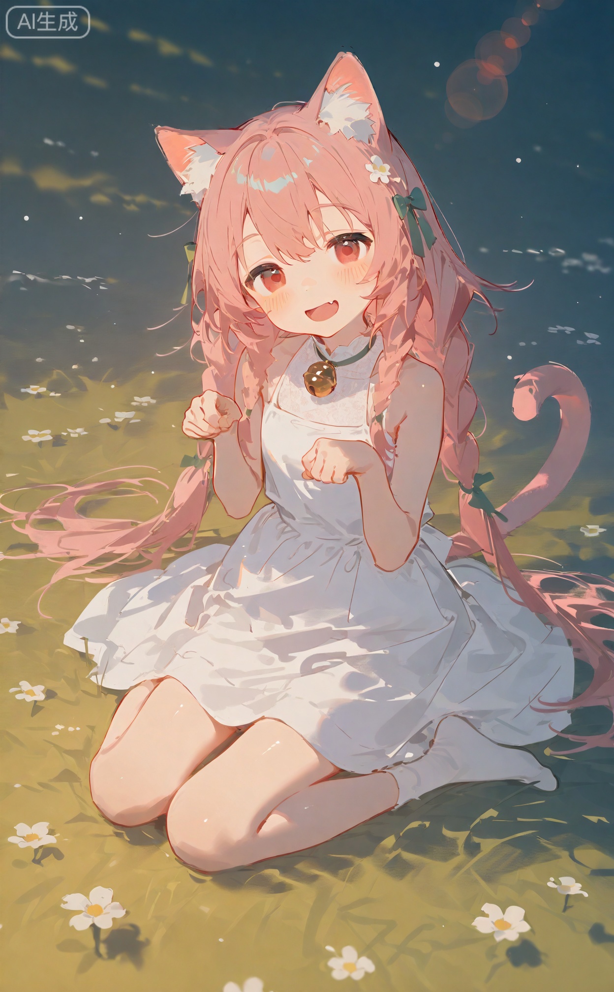 masterpiece,very aware,highres,absurdres,newest,best quality,high quality,gb55555,
loli,petite,chromatic_aberration,lens_flare,dynamic_angle,cinematic_angle, 
1girl, solo, long hair, animal ears, dress, tail, cat ears, bow, hair bow, smile, white dress, very long hair, cat tail, bell, cat girl, braid, :d, on grass, green bow, socks, sleeveless dress, flower, animal ear fluff, grass, looking at viewer, white socks, outdoors, sleeveless, neck bell, sitting, red eyes, paw pose, jingle bell, open mouth, white flower, hands up, twin braids, blush, no shoes, pink hair, fang, 
official art,depth of field,detailed light,blurry background,best shadow,shiny skin,cinematic lighting,ray tracing,amazing quality,very aesthetic,absurdres,beast quality,ultra detailed,newest,8K,HDR,