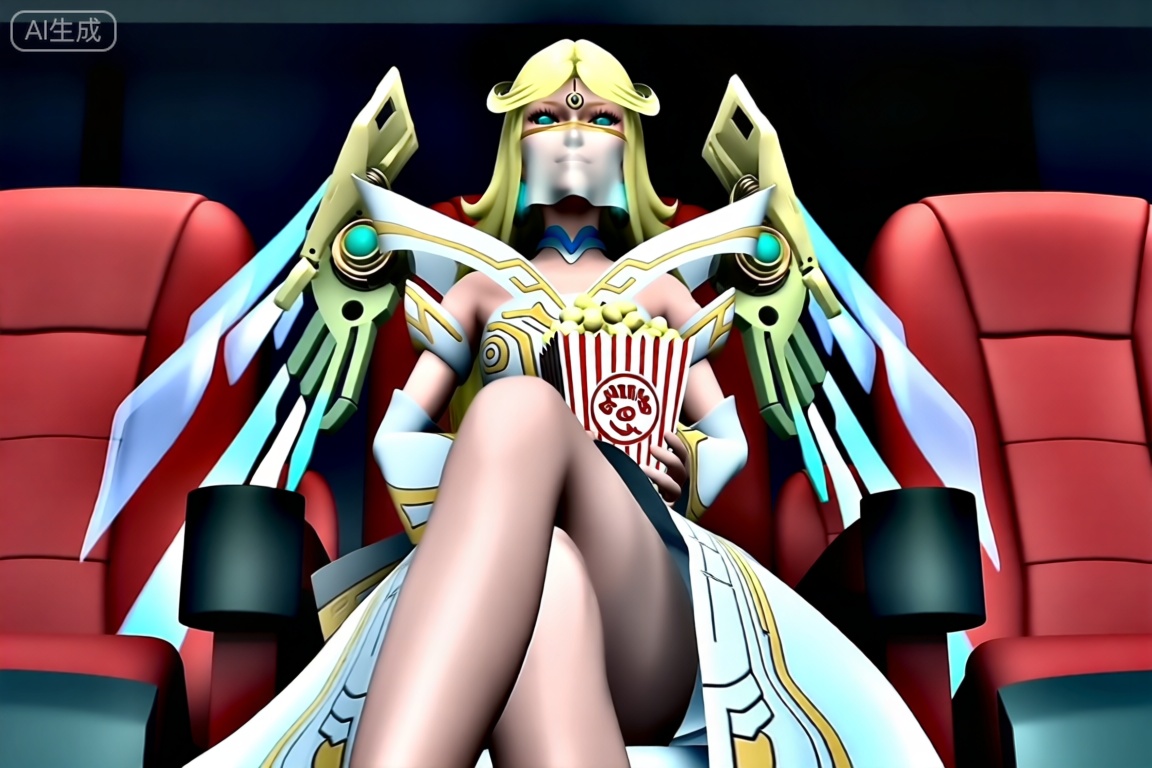 The Snow Empress is dressed in white attire with golden patterns, featuring sturdy mechanical wings on the shoulders adorned with turquoise gems. Her face is covered with a delicate veil,snow empress坐在电影院看电影,crossed legs,怀里捧着爆米花,