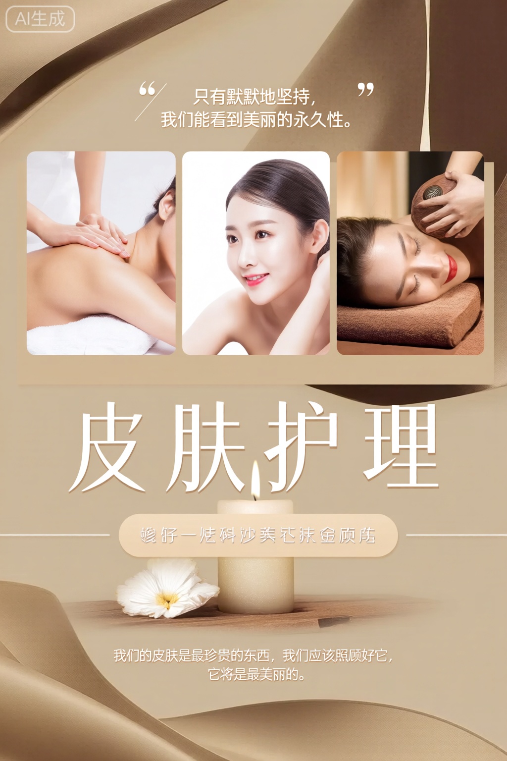 poster


该图像具有护肤服务的促销广告。在顶部,有一个短语写着：“只有默默地坚持,我们能看到美丽的永久性。”在此下方,有三张图像显示了护肤服务的不同方面：一个在肩膀上接受按摩的人,一个微笑的女人的特写,另一个人躺在带有圆形按摩工具的按摩桌上。图像的中心部分突出显示了大型,白色和风格化字体的文本“皮肤护理”。在此下方,有一个装饰性元素,上面有一朵白花和一支在米色背景的蜡烛。底部的文字上写着：“我们的皮肤是最珍贵的东西,我们应该照顾好它,它将是最美丽的。”总体设计优雅,专注于促进豪华和宁静的护肤体验。